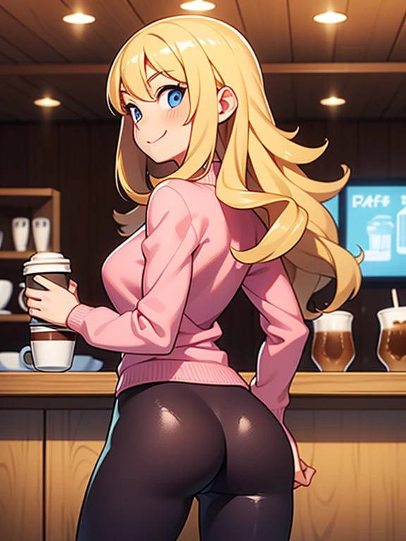 1girl, solo, wavy hair, blonde hair, blue eyes, a woman in her early 20's, she’s a freshman sorority girl. (holding a coffee cup:1.3). (Wearing: pink sweater, tight black leggings). Thrilled smile on her face, she’s ready for adventure, she’s standing. looking from behind, shot from behind, ass view. Background: indoors, coffee shop.
