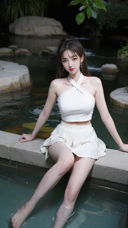 WZRY Gongsunli GF,, (masterpiece, Best quality:1.2), 1 girl, alone, ((Bare shoulders, Mini skirt)), In the depths of Wonderland，moonlight，Soak in the hot springs and play in the water, Sexy model，Sexy slim legs，Very beautiful legs，Show off your sexy legs，Big Breasts, Big Breasts，BeautyMystery的色彩。脸庞Beauty而精致，Otherworldly Beauty。Light of wisdom。Cherry lips，Reveals confidence and calmness。The face has clear dimensions.，Skin white as jade，Reveal healthy, radiant skin，Light and delicate makeup，Show your personality and charm。Skin Transparency，Bright and lively。Charm and elegance。Fluttering clothes，Swing action。Beauty的风景线，Attractive appearance。Big Breasts, Beauty，Grace，Mystery，dream。