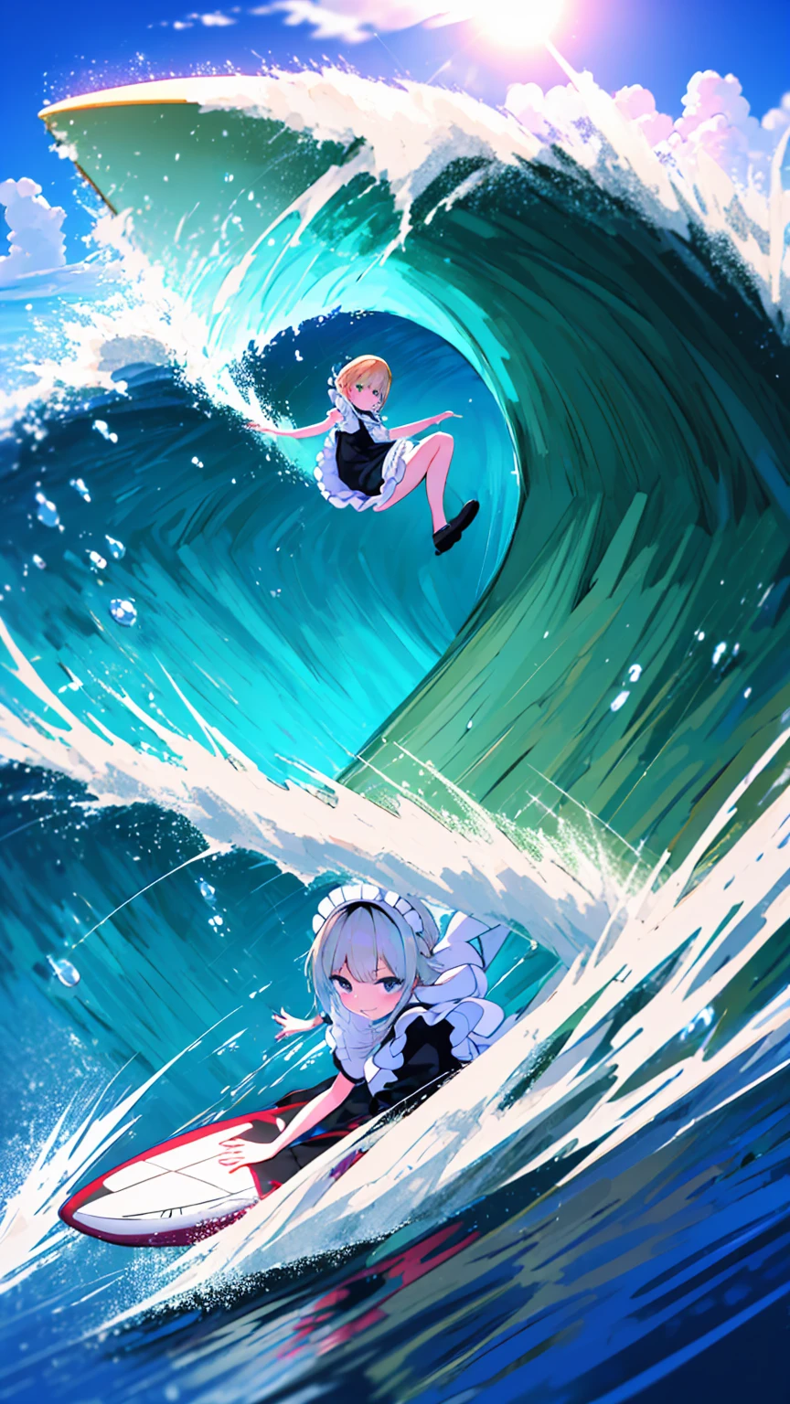 (8k, Best Quality, masterpiece: 1.2),Ultra-high resolution, 1 person, solo,Highly detailed face, Apron dress, Black Dress, White apron, black and white maid outfit, Random Hairstyles, Gay Hair, surfing, sea, Wave, sunlight, Ecstatic expression, Splash, Overall image, Flooding, Wet