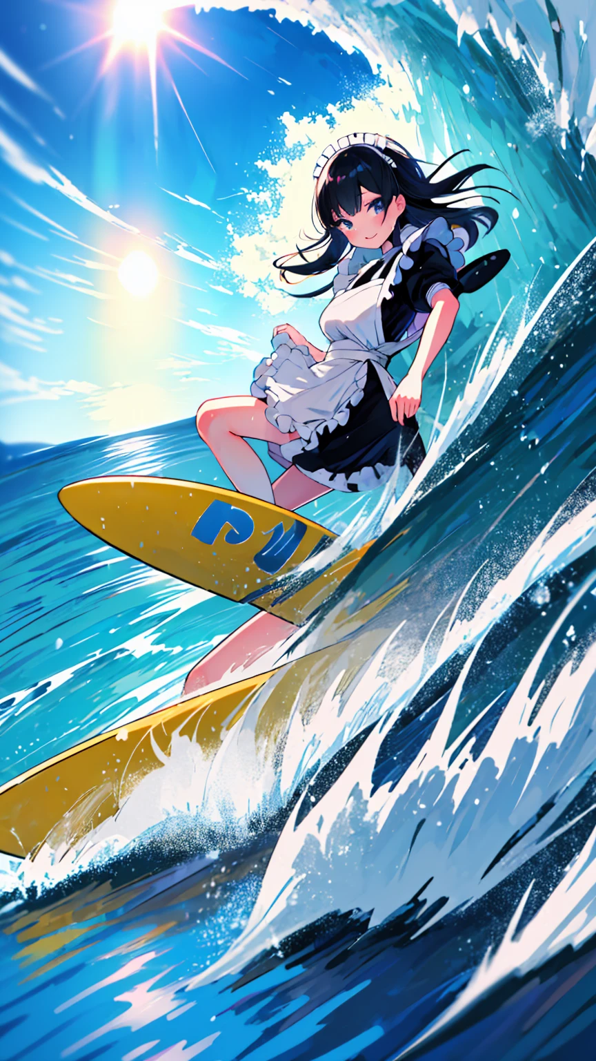 (8k, Best Quality, masterpiece: 1.2),Ultra-high resolution, 1 person, solo,Highly detailed face, Apron dress, Black Dress, White apron, black and white maid outfit, Random Hairstyles, Gay Hair, surfing, sea, Wave, sunlight, Ecstatic expression, Splash, Overall image, Flooding, Wet, surfboard, 