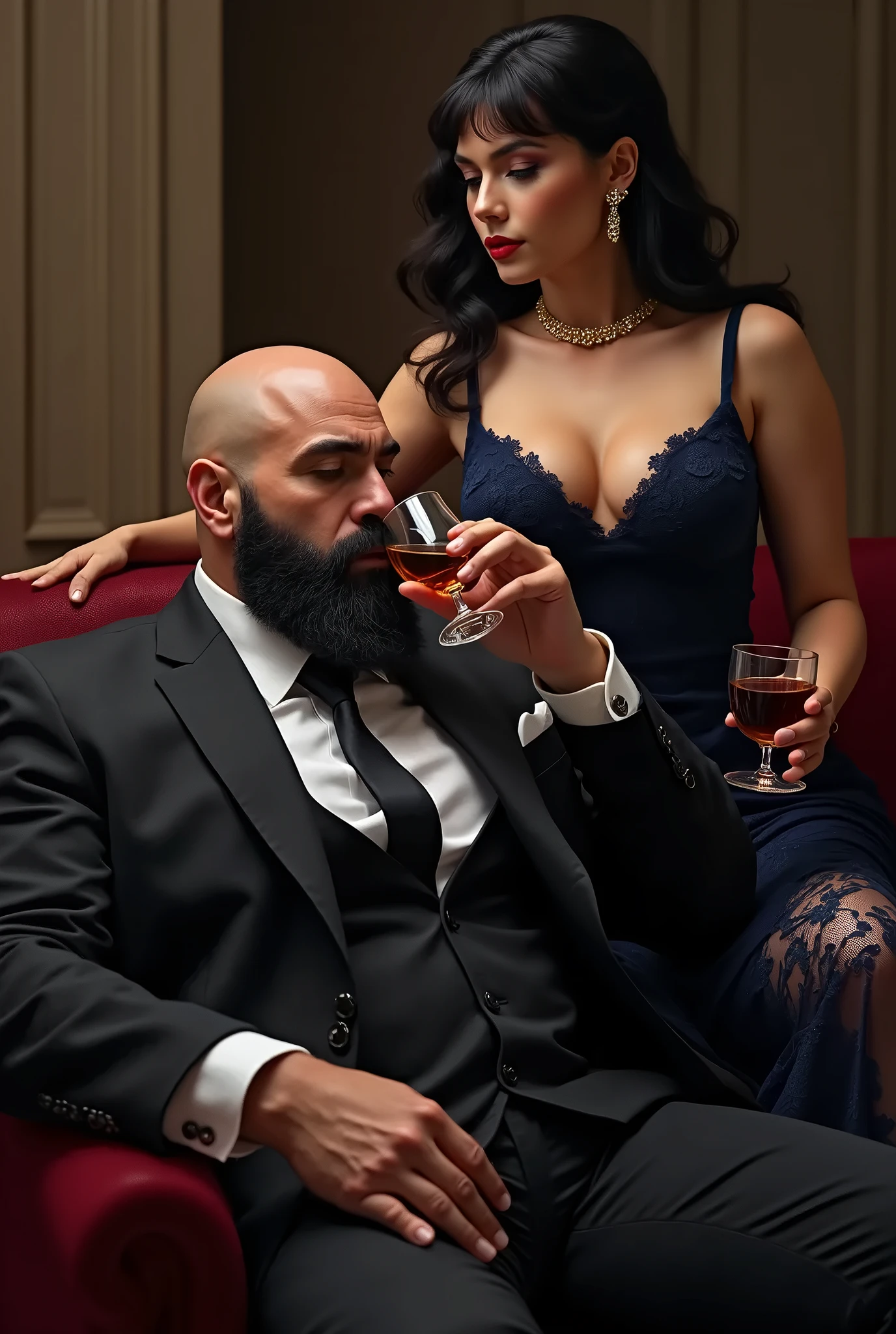 Imagem do papai Noel entregando uma garrafa de vinho tinto para uma mulher morena, anta, magra, bumbum grande