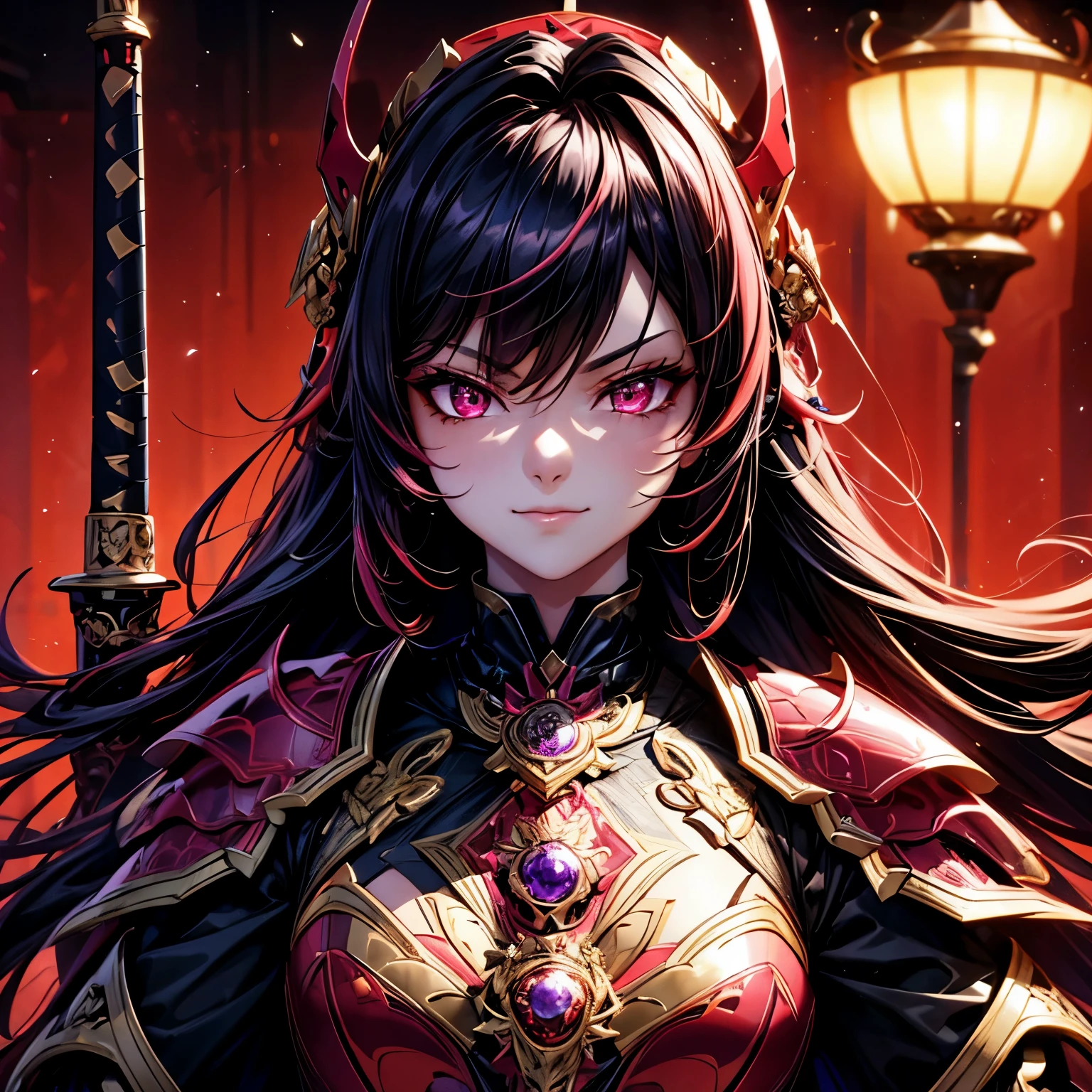 best quality,4K,high resolution),Ultradetailliert,realistisch,portrait, Lila Samurai Sukkubus mit einen katana dunkelrotem Haar, a purple-dark red armor with gold neon lights with gold trim and glowing red eyes, Leuchtende Farben, delicate features, seductive glance, Charming smile, wallende Haare, sanfte Beleuchtung