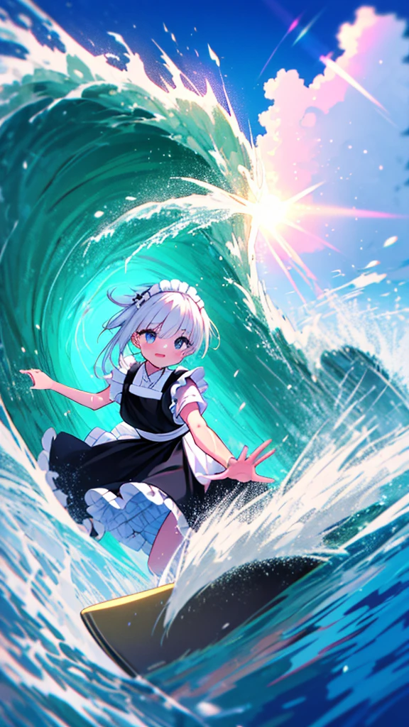 (8k, Best Quality, masterpiece: 1.2),Ultra-high resolution, 1 person, solo,Highly detailed face, Apron dress, Black Dress, White apron, black and white maid outfit, Random Hairstyles, Gay Hair, surfing, sea, Wave, sunlight, Ecstatic expression, Splash, Overall image, Flooding, Wet, surfboard, 