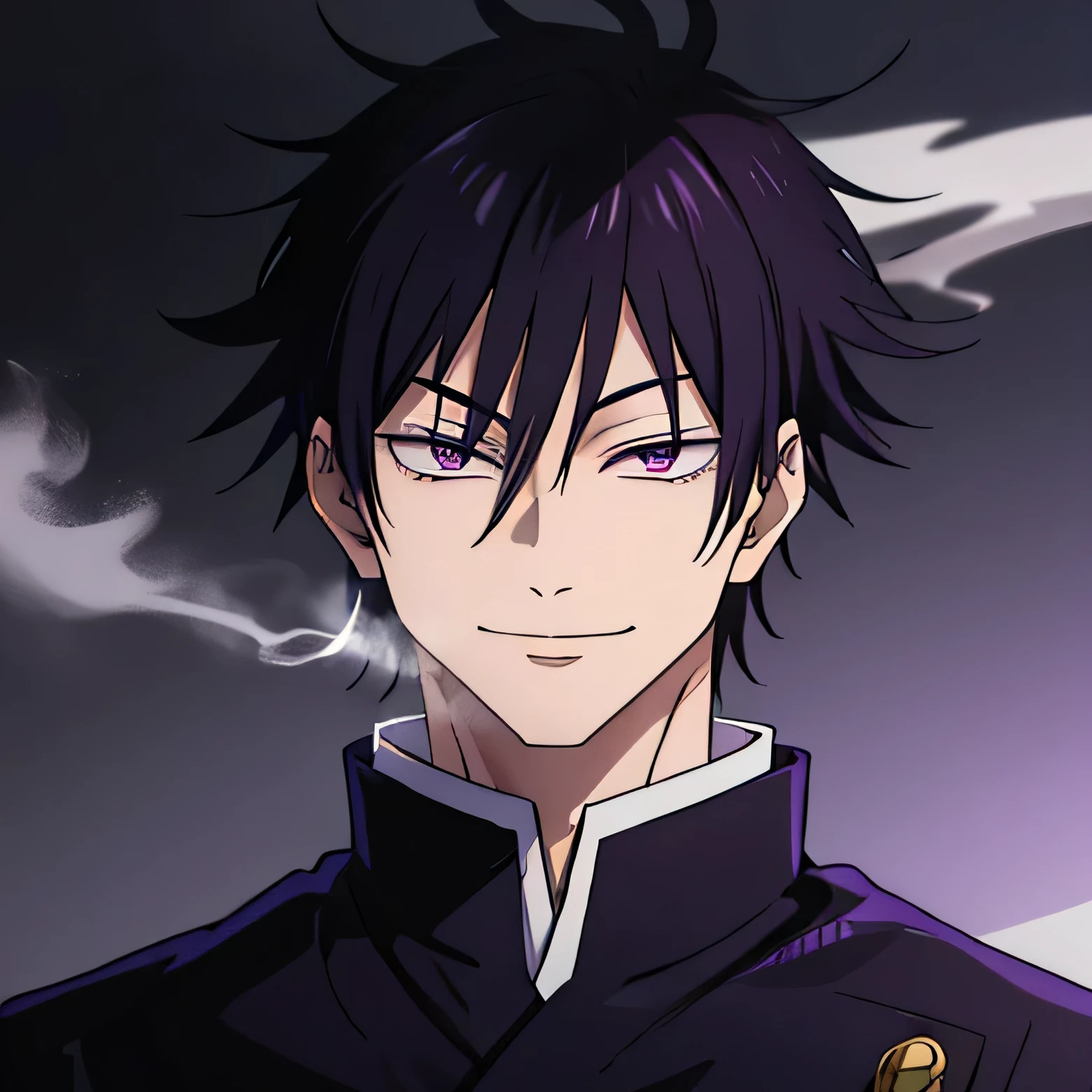 Smiling man smoking cigarette, yami sukehiro,Jujutsu uniform,  purples eyes, Bblack hair, shorth hair, 
 Estilo anime Jujutsu Kaisen. Jujutsu school background