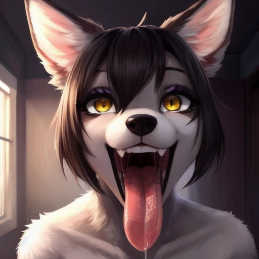 furry, dark-gray fur, ultra cute face, red elements on fur, face focus, full naked, on bed, cowgirl position, fluffy, small breasts, cute pussy, shy face, blush, blushing beautiful lights and shadows, romantic ambient light, ultra detailed fur, volumetric light, cum on face, cum in mouth