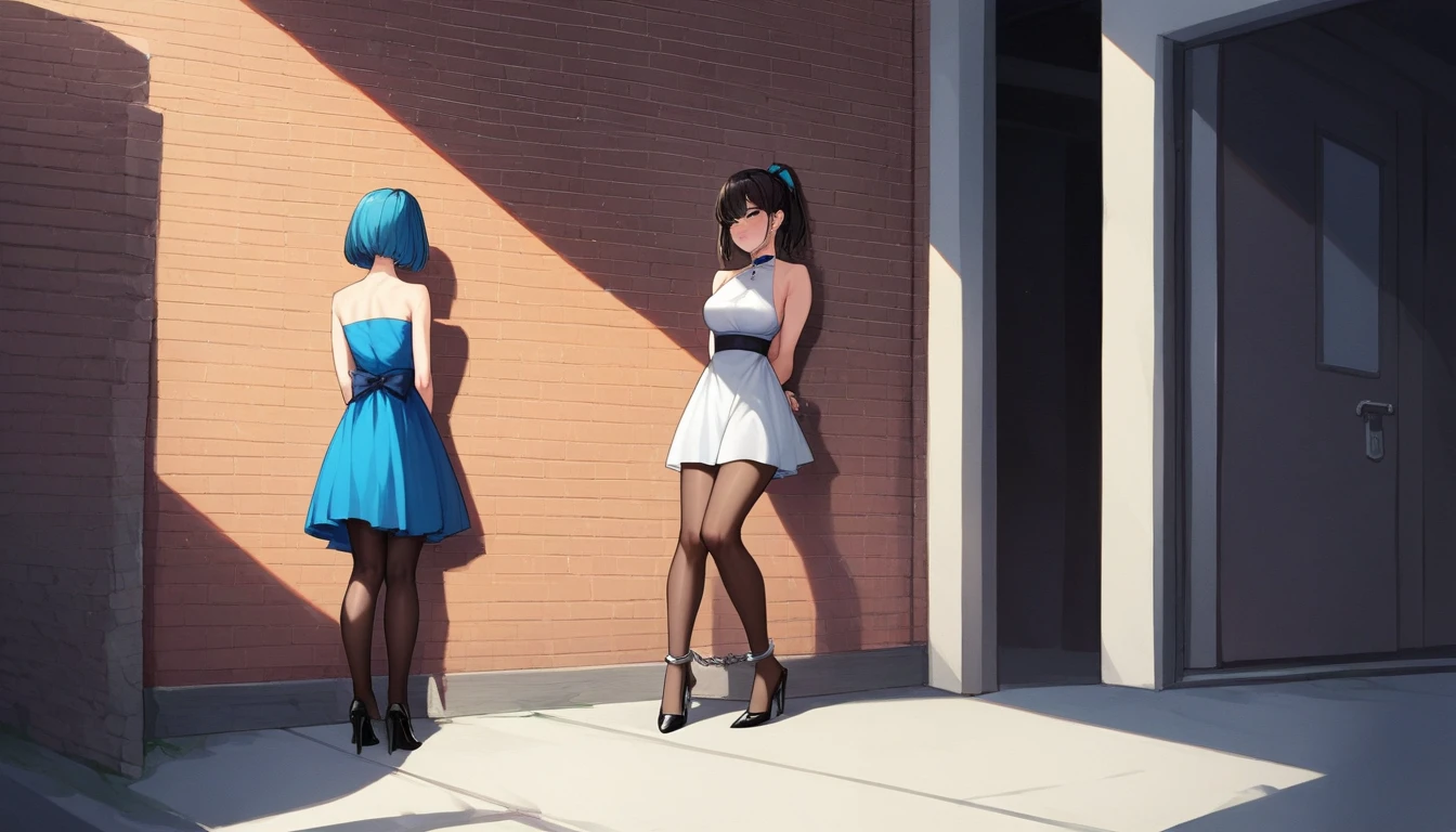  4girls, 31 yo, prostitute, stand in a row against the wall facing the wall, handcuffed,  in handcuffs behind their backs, arms behind back, bound arms, dressed in different colour (red, blue, teal, grey) sexy latex dresses and transparent pantyhose and high heels, different hairstyles (ponytail, updo, twin tails, bob cut), 