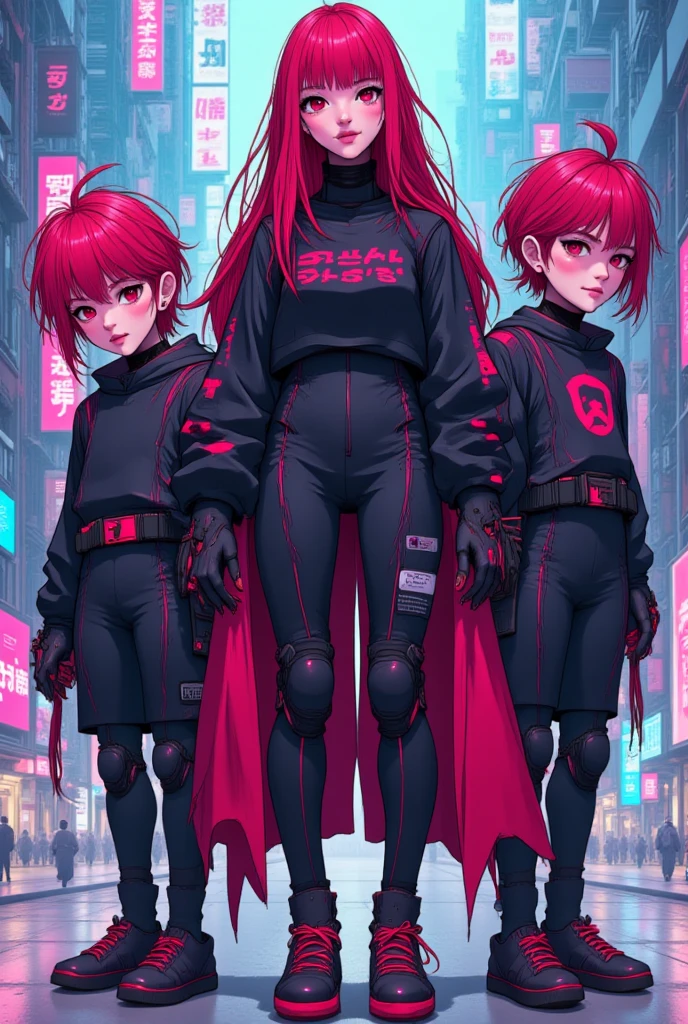 Cybanime, masterpiece, best quality, highres, 1girl, solo, modern vampire, red hair, long hair, open hair, red eyes, evil smile, 2 young boys on her both sides, both vampires with red hair, red and black outfit, scary background