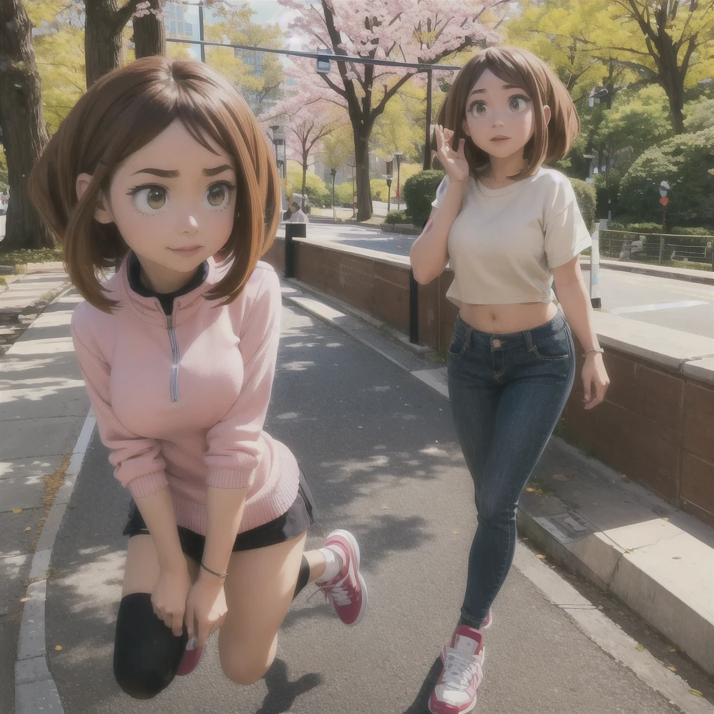 (Hyperrealistic girl), 1 girl, ((Ochako Uraraka)), (My hero), full body, pretty face, thinking about the future, big green eyes, Beautiful pose, greets happily, (long brown hair), (Casual clothing), medium breasts: 1.3, central park, Hyperrealistic, cinematic lighting, (Octane representation), 1 girl, 