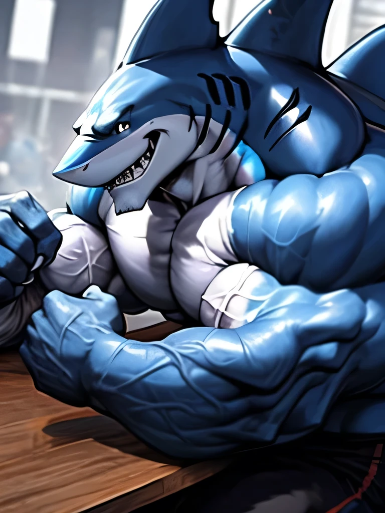 solo, male, mature male, (male anthro shark:1.3), (blue body:1.1), veiny bicep, huge muscles, shirtless, arm wrestling, dick buldge in pants