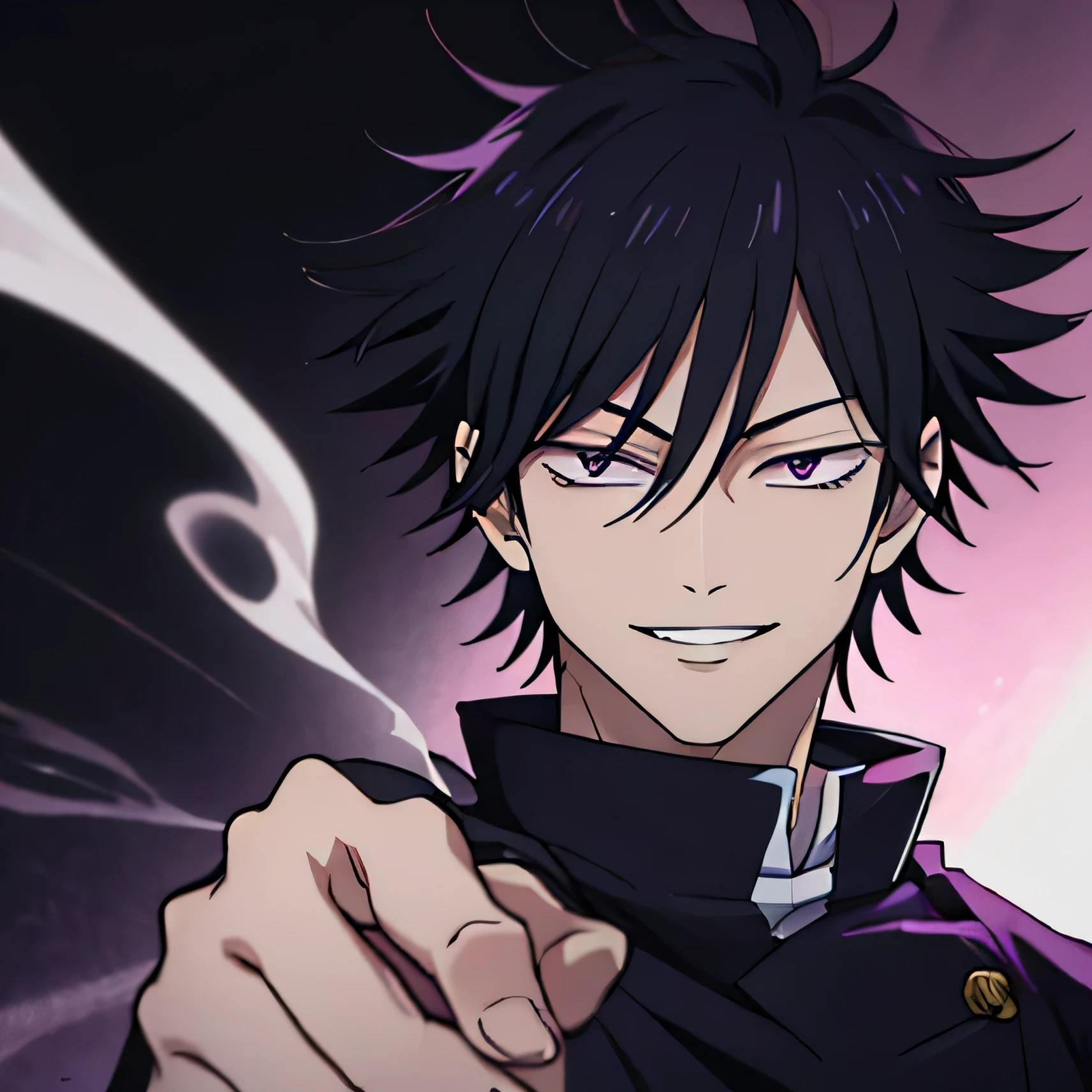 Smiling man smoking cigarette, yami sukehiro,Jujutsu uniform,  purples eyes, Bblack hair, shorth hair, 
 Estilo anime Jujutsu Kaisen. Jujutsu school background