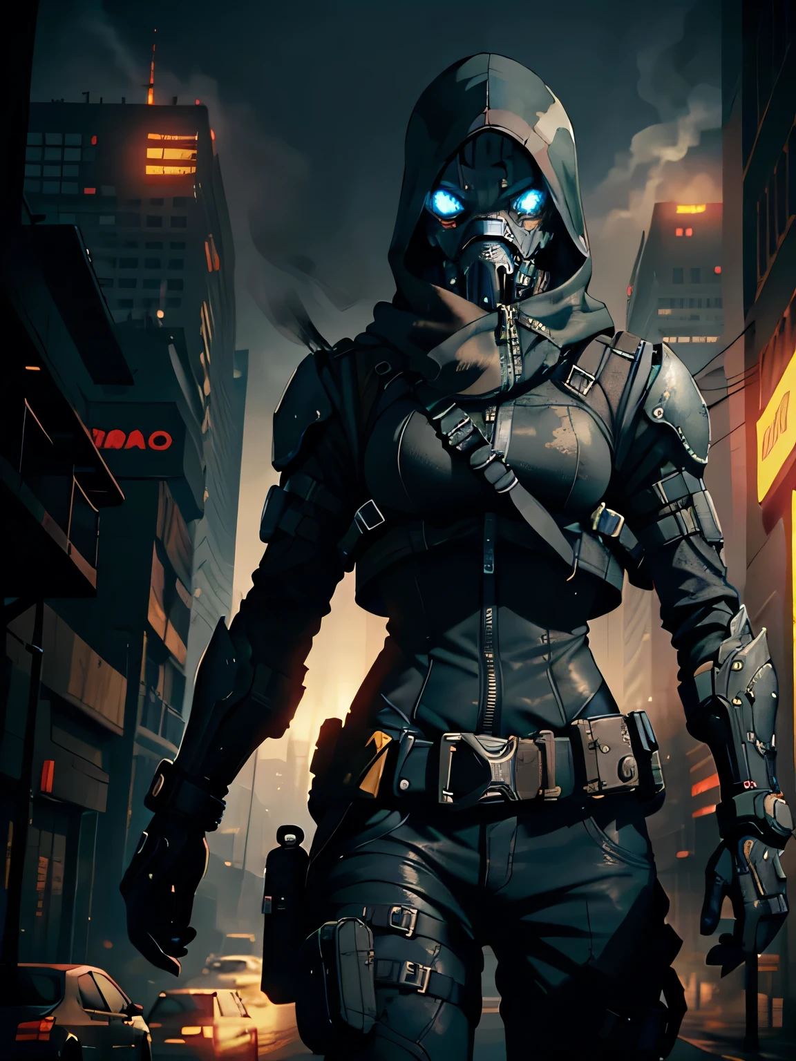 (Character with gas mask:1.0), Intimidating figure, (Fundo escuro:1.0), Shrouded in smoke, (Cyberpunk:1.0), Full-body shot, (Corpo inteiro:1.0), Cityscape in the background, (Realista:1.0), High level of detail, (4K:1.0), Gritty texture, Hazy atmosphere, Detailed gas mask design, Expressive eyes peering out, Detailed clothing beneath gas mask, Dystopian cityscape, Distressed colors, Dramatic lighting, Moody and thought-provoking.