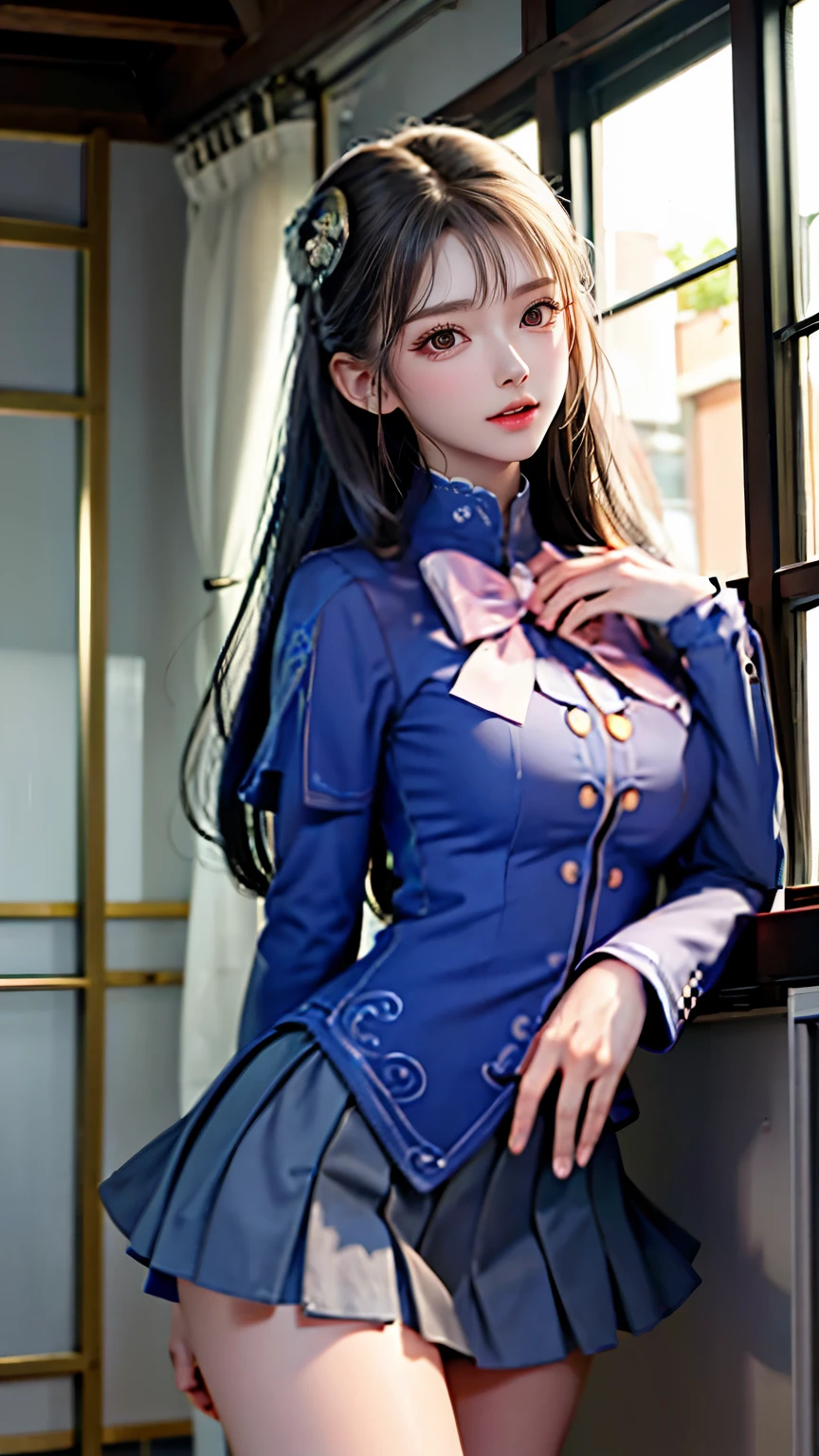 Arafed woman in a blue uniform posing in front of a window - SeaArt AI
