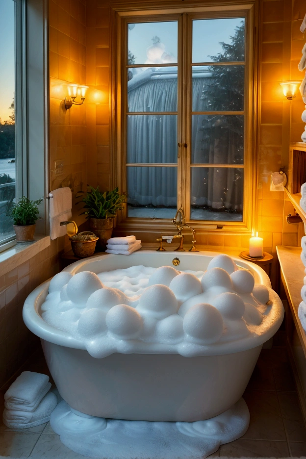 A cozy bathroom scene with a large, elegant white tub filled with thick, luxurious foam bubbles, Britney Spears bathing covered in foam. The foam overflows slightly, gently cascading over the edge of the tub. The soft light from the nearby candles creates a warm, inviting atmosphere, and there is a light steam rising from the water. The background includes some minimalist bathroom decor items such as a plant, fluffy towels, and a small window showing a clear evening sky. The overall atmosphere is calm and relaxing, with special attention to the texture and abundance of the foam.