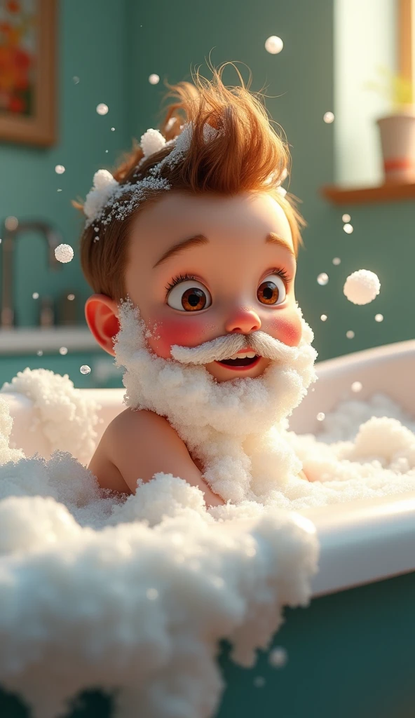 pixar style, baby in bathtub, huge amounts of foam and soap bubbles, plays in bathtub, made beard and mustache out of bath foam, made mohawk hairstyle out of foam