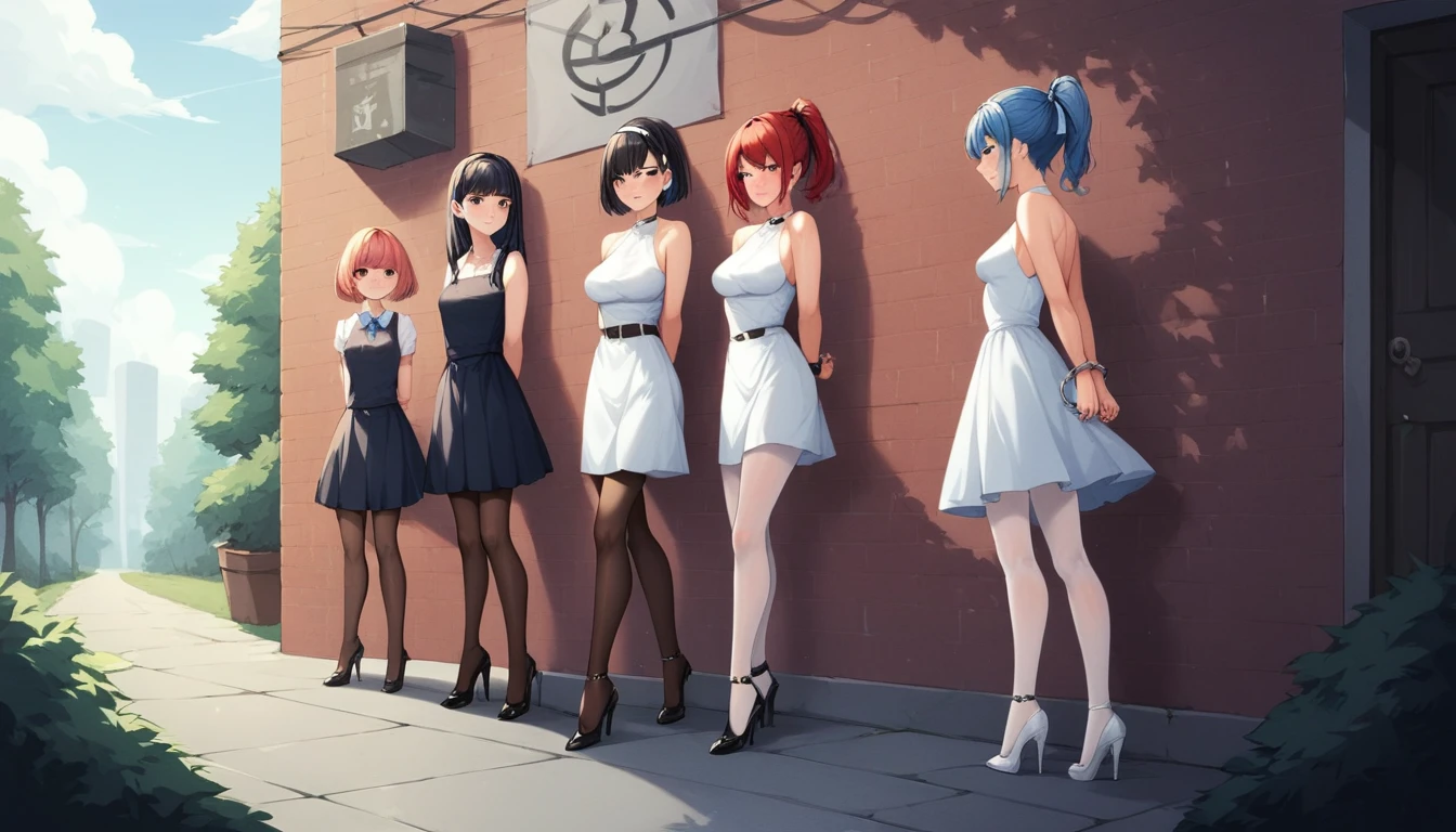  4girls, 31 yo, prostitute, kneels in a row against the wall facing the wall, handcuffed,  in handcuffs behind their backs, arms behind back, bound arms, dressed in different colour (red, blue, teal, grey) sexy latex dresses and transparent pantyhose and high heels, different hairstyles (ponytail, updo, twin tails, bob cut), 