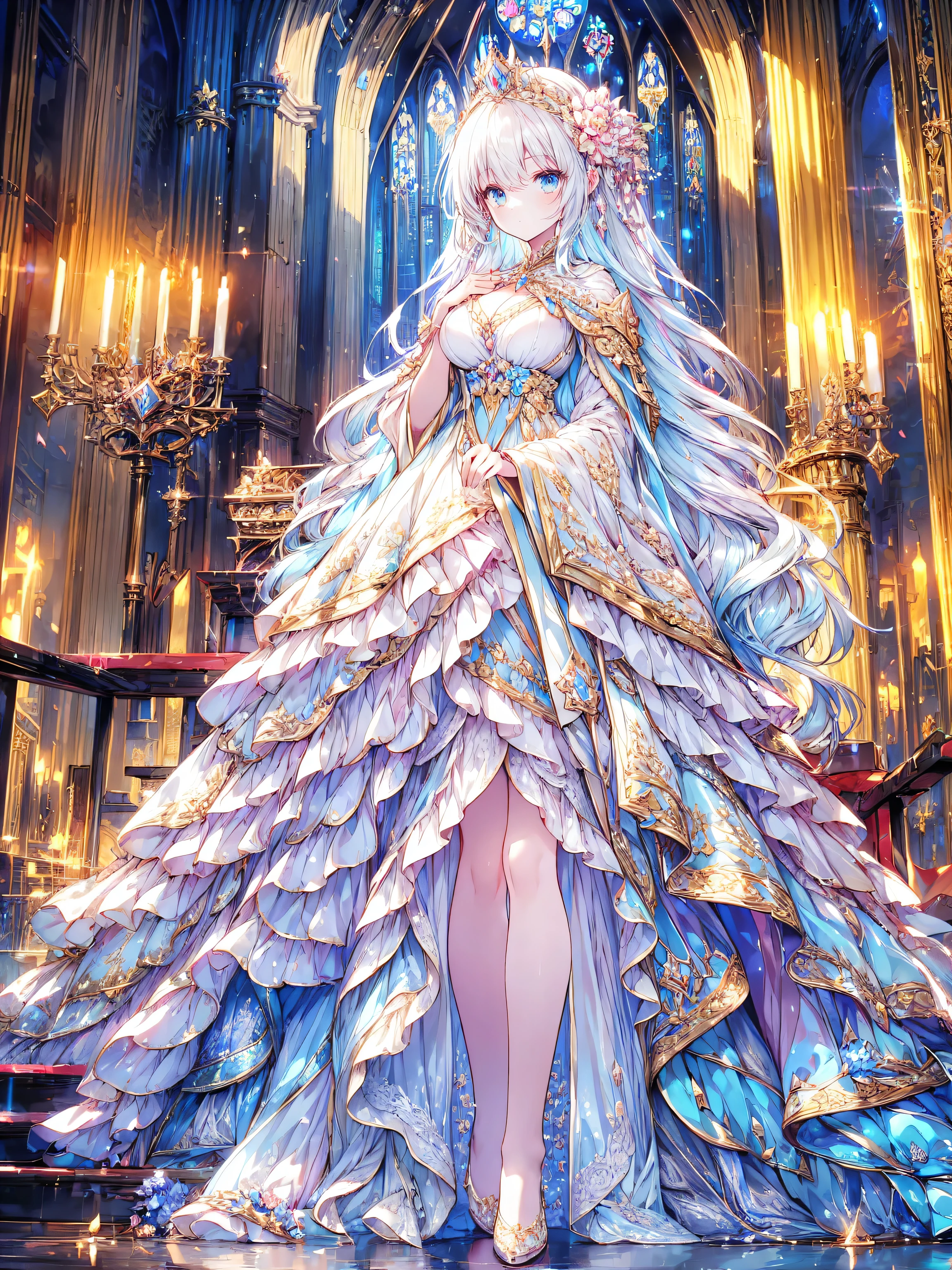 ((Ultra HD)), ((Super detailed)), ((Best Quality)), (((Princess with a young face))), Vibrantly colored Rococo Victorian gown, Beautiful lace, precious jewels and intricate embroidery, A voluminous, princess-style long skirt, A luxurious dress with super multi-layered frills, sequins and rosettes., Extremely complex and difficult to understand structure, Huge breasts, (((Complete Hand))), ((In the majestic cathedral)), 