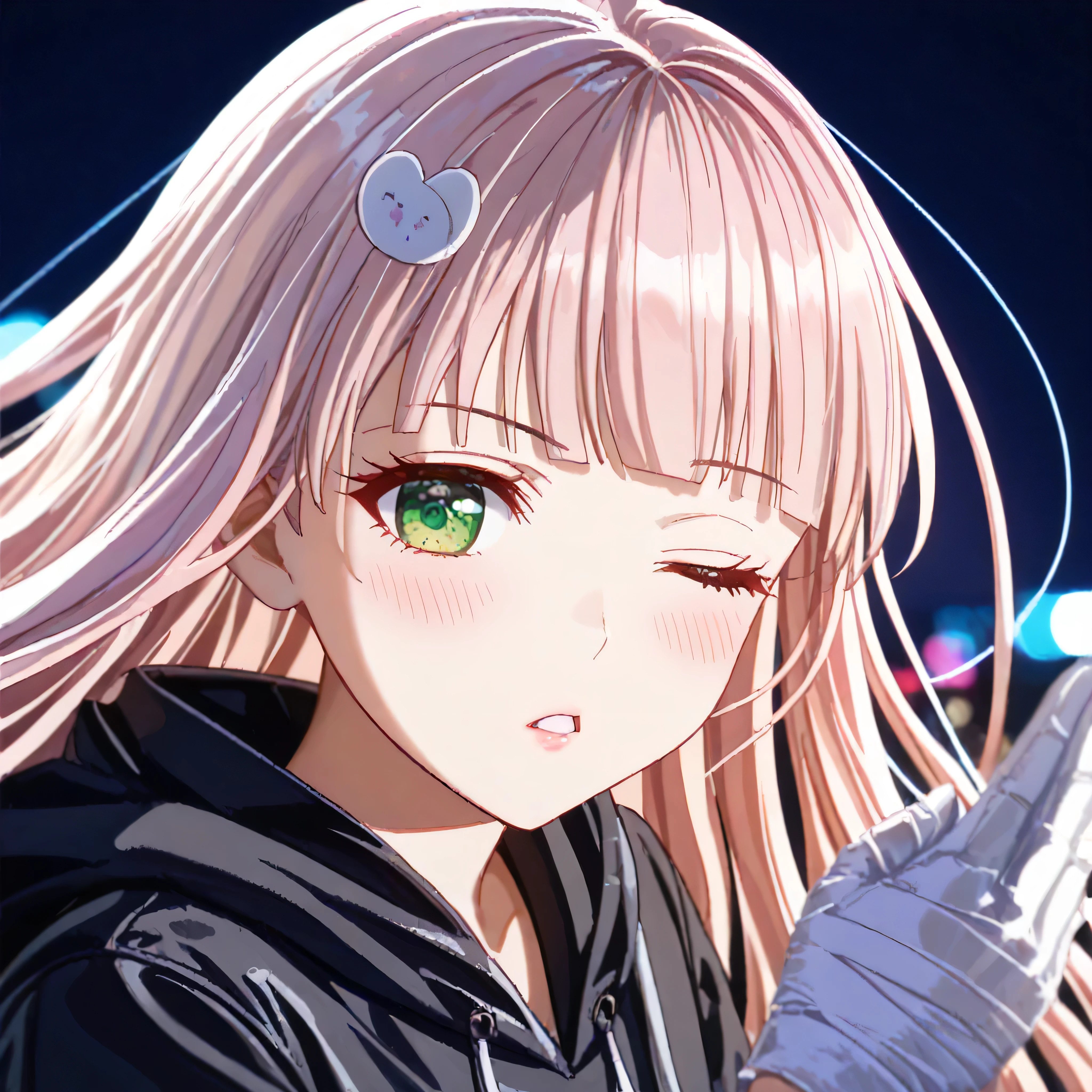 masterpiece, best quality, 1girl, gotohdef, one side up, cube hair ornament, hibana, crosshair, crying with eyes open, parted lips, electricity, hand on own chest, pink jacket, track jacket, long sleeves, <lora:hibana-000075:1>, <lora:bocchi_gotoh_xl-000004:1>