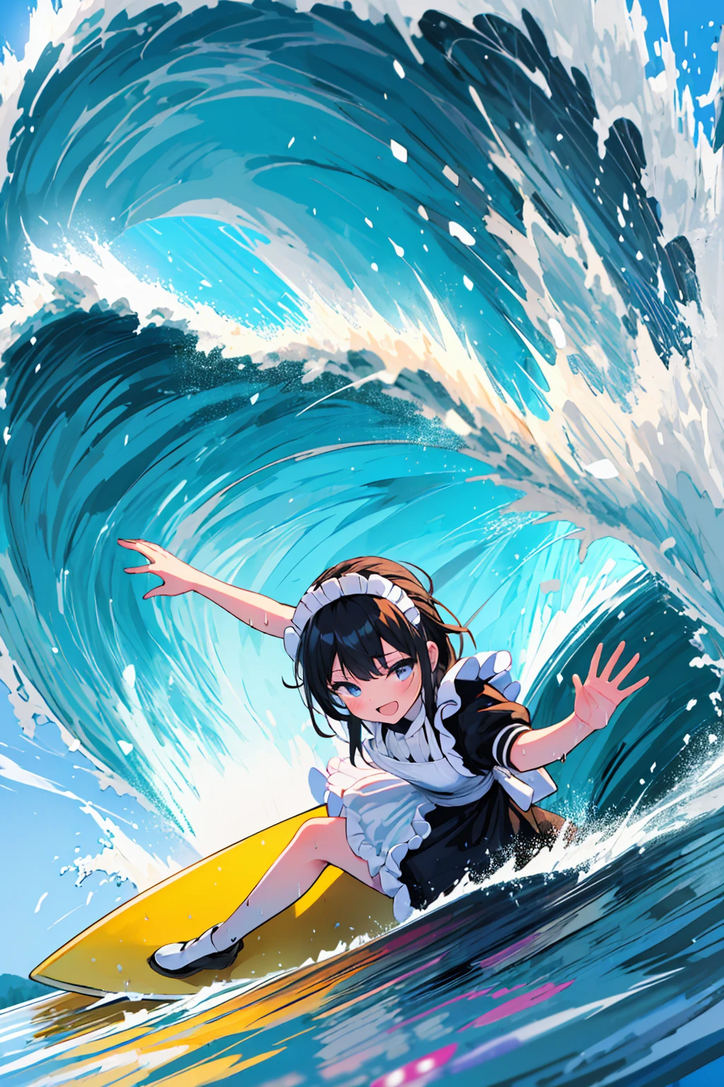 (8k, Best Quality, masterpiece: 1.2),Ultra-high resolution, 1 person, solo,Highly detailed face, Apron dress, Black Dress, White apron, black and white maid outfit, Random Hairstyles, Gay Hair, surfing, sea, Wave, sunlight, Ecstatic expression, Splash, Overall image, Flooding, Wet, surfboard, 