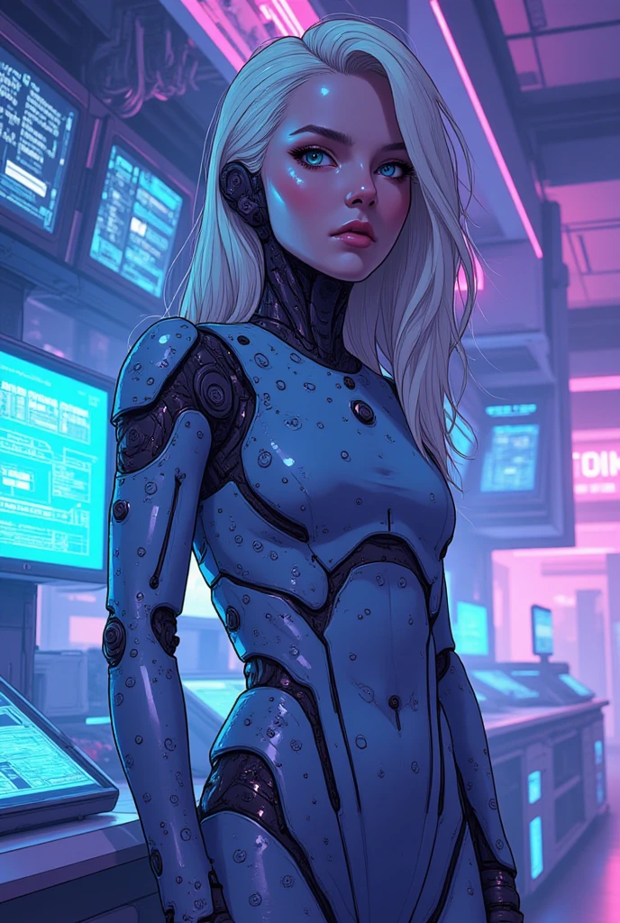 Cybanime, A futuristic cyborg woman made entirely of synthetic foam, her body sleek and curvaceous. The foam is metallic and shimmers under neon lights, with bubbles and textures resembling high-tech materials. She stands in a high-tech laboratory with screens and robotic arms around her, glowing in blue and purple hues. The foam contrasts with the sharp, metallic environment, giving her an otherworldly, futuristic presence. Detailed focus on foam texture mixed with sci-fi aesthetics.
