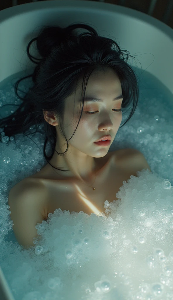 Professional photography, realistic, Wong Kar-Wai, shot from top down photo of Asian woman lying in the bathtub, she has long messy black hair, she is bathing, she has pretty makeup, the bathtub full of soap foam, photo has bubbles flying in foreground, SFW censored by soap foam, intricate detailed