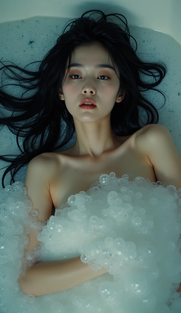 Professional photography, realistic, Wong Kar-Wai, shot from top down photo of Asian woman lying in the bathtub, she has long messy black hair, she is bathing, she has pretty makeup, the bathtub full of soap foam, photo has bubbles flying in foreground, SFW censored by soap foam, intricate detailed