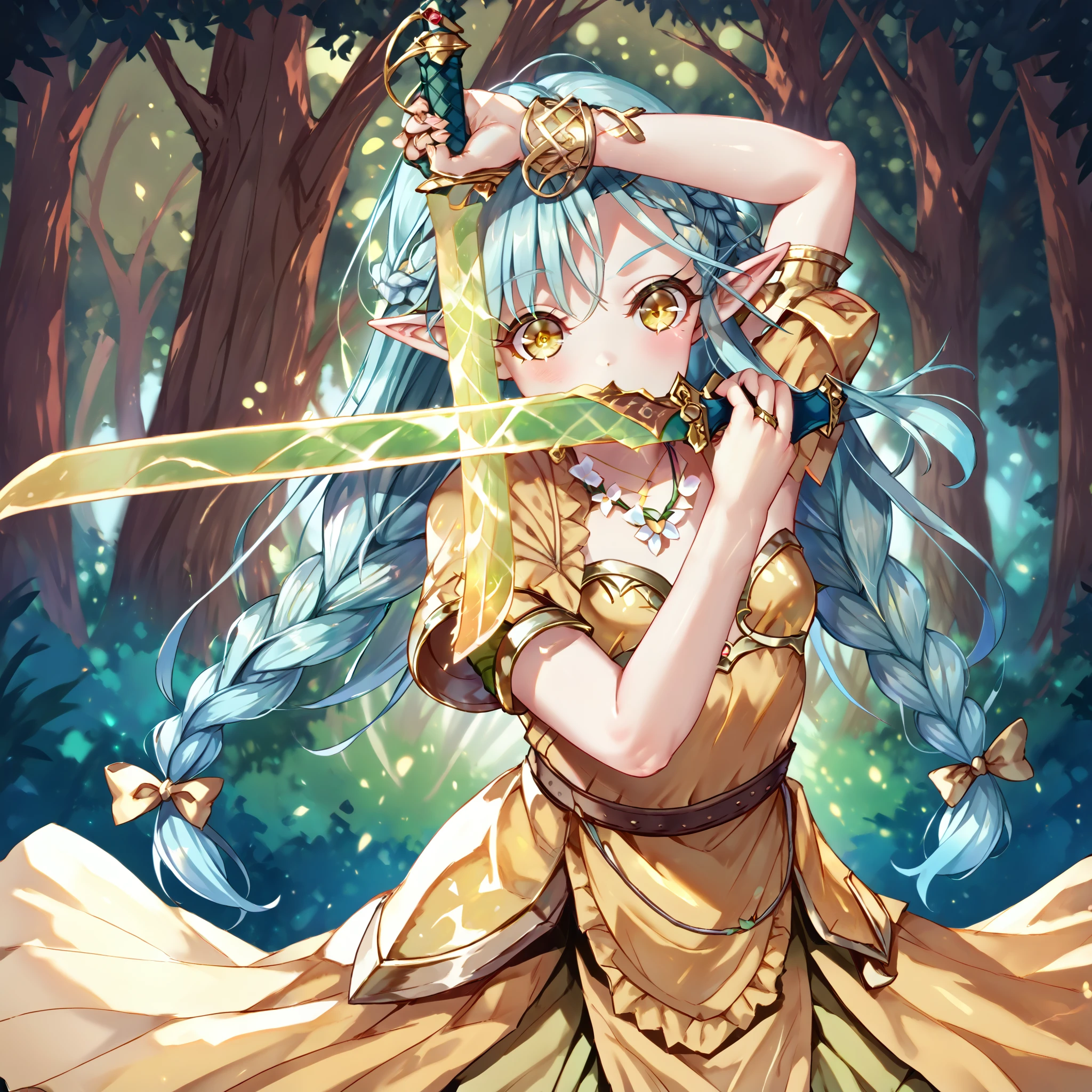 One girl, ((Female golden-blue breastplate)), ((golden-blue dress armor)), fully covered ((((petite body)))), ((teen girl)), (((small breast))), (((((elf girl))))),  (((floral necklace))), (((((round soft golden yellow eyes))))), (pale skin), (((long braided pigtail hair))), (((light blue hair))), holding a spirit sword, spirits and butterfly around her, forest background, dual wielding, daggers