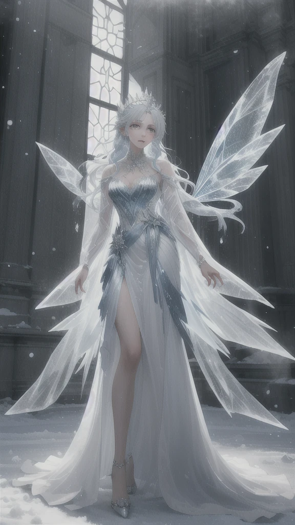 The ice queen in the cold wind, her posture is tall and elegant, as if she were a fairy born from the ice and snow. Her long hair was like a silver waterfall, fluttering in the wind, exuding a cool and noble atmosphere. Her face was delicate and picturesque, and her eyes revealed a cool and firm light that seemed to freeze everything in the world.