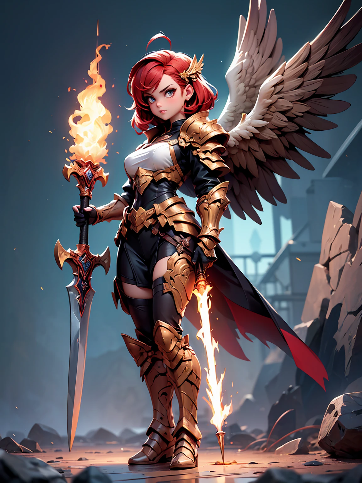 Fire blaze,with large wings,Big sword,youth,Blonde mesh 1demonqueen in, 独奏, red hair, horns in hair ornament, (barechested:1.3), (Skimpy Red Armor),, cleavage of the Gigantic Breasts With Large Erect Nipples, large thighs,Hell background, (red blush:1.3), opening legs, Gigantic Ass Cheeks, Large Areoleas