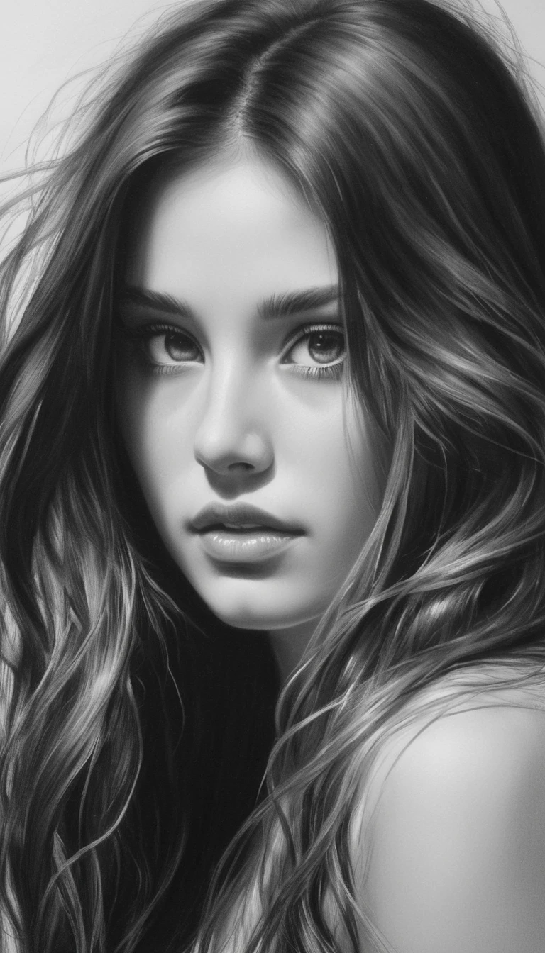 a black and white photo of a woman with long hair, black and white artwork, charcoal art, beautiful artwork, black and white drawing, by Grzegorzki, stunning artwork, gorgeous face portrait, expressive beautiful portrait, pencil painting, by Shen Zhou, beautiful and realistic faces, black and white graphite drawing, artistic drawing.