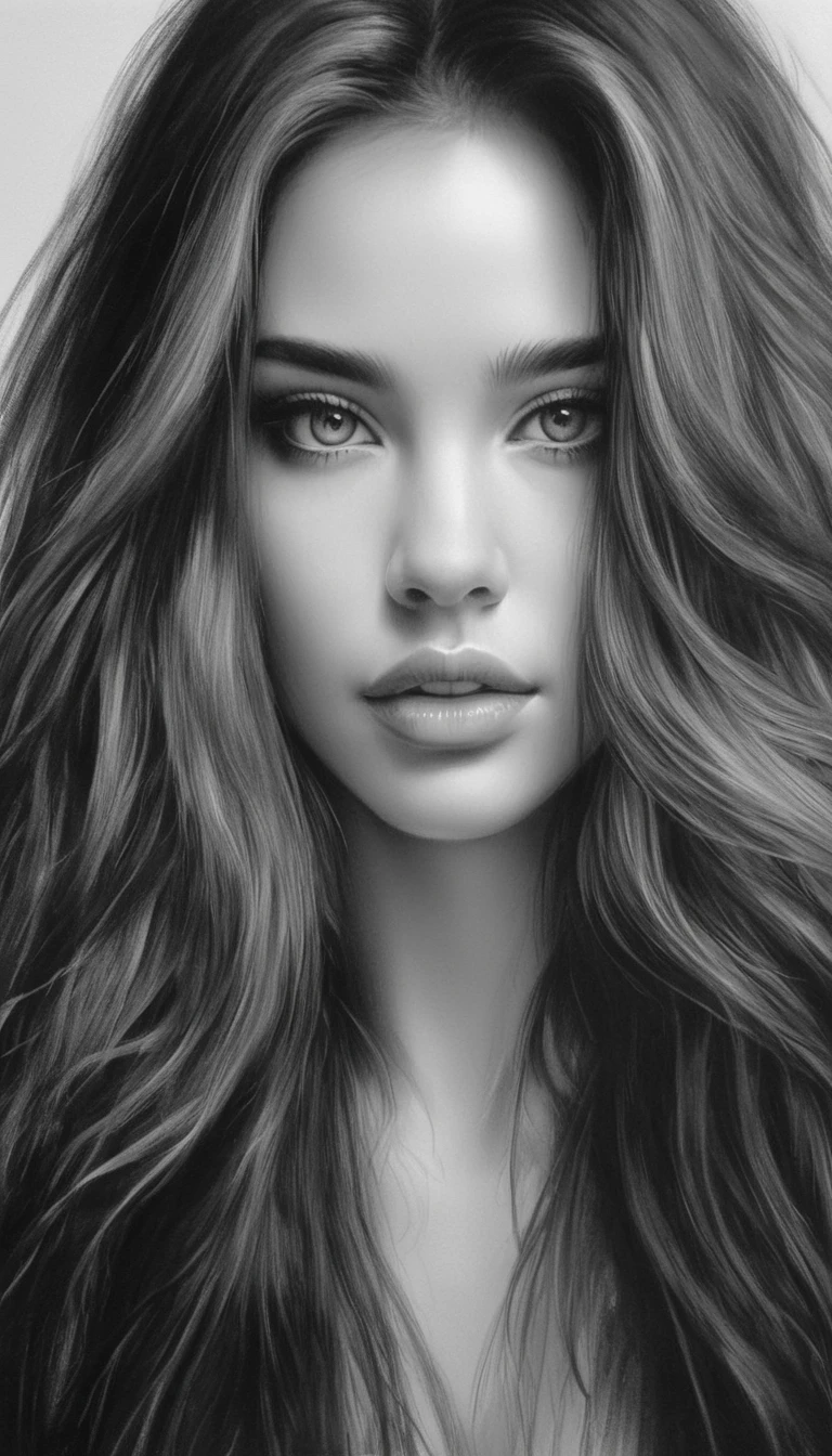 a black and white photo of a woman with long hair, black and white artwork, charcoal art, beautiful artwork, black and white drawing, by Grzegorzki, stunning artwork, gorgeous face portrait, expressive beautiful portrait, pencil painting, by Shen Zhou, beautiful and realistic faces, black and white graphite drawing, artistic drawing.