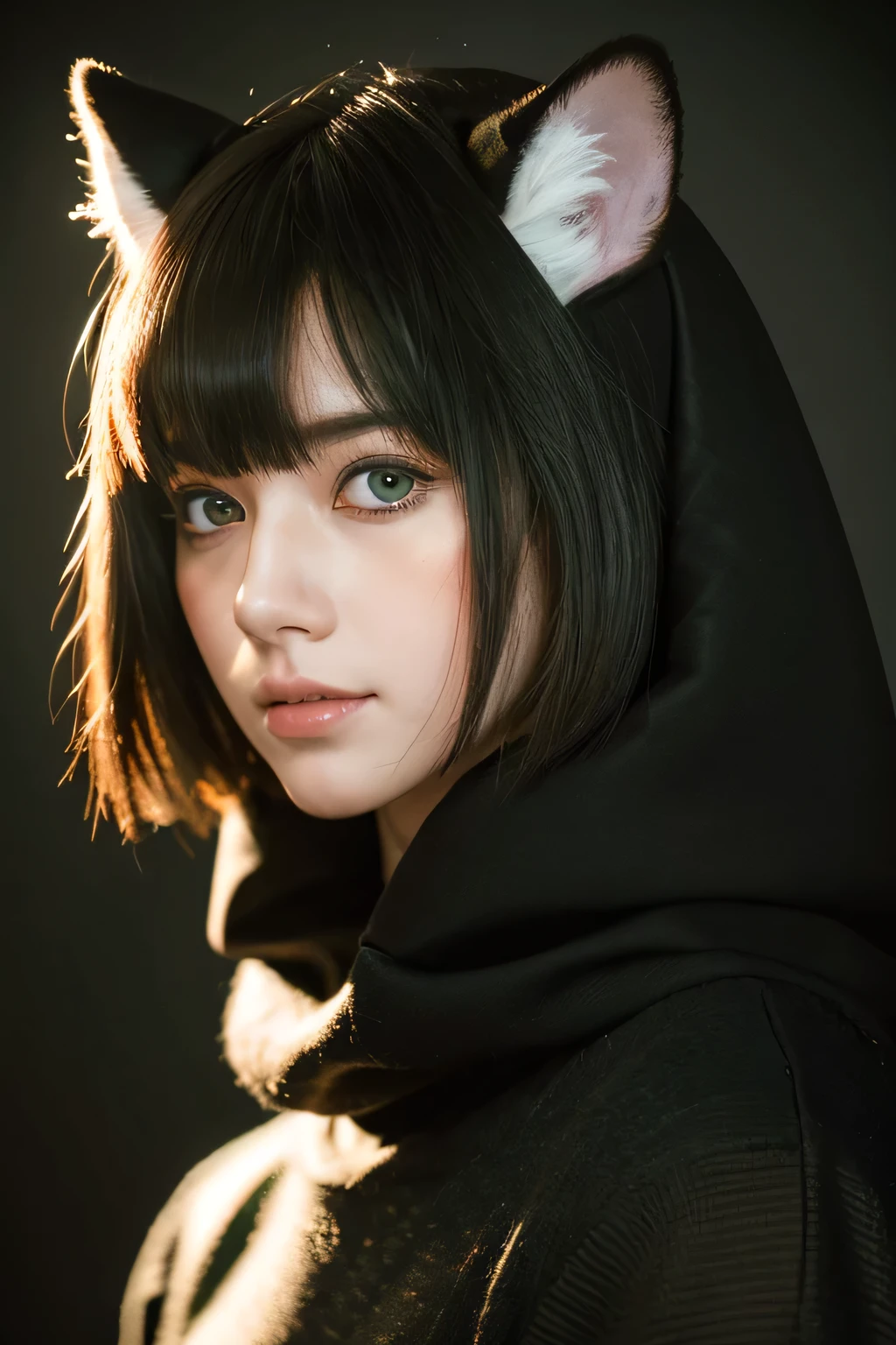 (Absurd, High resolution, Very detailed), masterpiece, highest quality, Light and shadow, ,Wolf ears male,Short Cropped Hair,Short bangs,Detailed face,Black Shirt,No hood,Thin chest,thin,clear, Big eyes, Anime characters,Anthropomorphic white wolf,good looking,Young people, young,good looking,   ((Heterochromia iridis, Left eye is clear yellow, Right eye is red and glowing like crimson,Right eye dazzling,),Mysteriously shining eyes, Fantasy,Mysterious , Great background,,Octane Rendering, Beautiful Features, Beautiful and detailed,  Detailed face, Perfect skin texture, Extremely detailed, Whole-body vision,,  Professional Lighting, profile,Shot with a Hasselblad X1D-50, Written boundary depth, Perfect all-round lighting, (highest quality), (masterpiece), (Very detailed),Far from the Lord,Wolf ears don&#39;t extend beyond the screen,The whole body fits on the screen,Upper body only,smile,Don&#39;t stare at the audience,Don&#39;t show close-ups of your face,Sweep the side hair back,