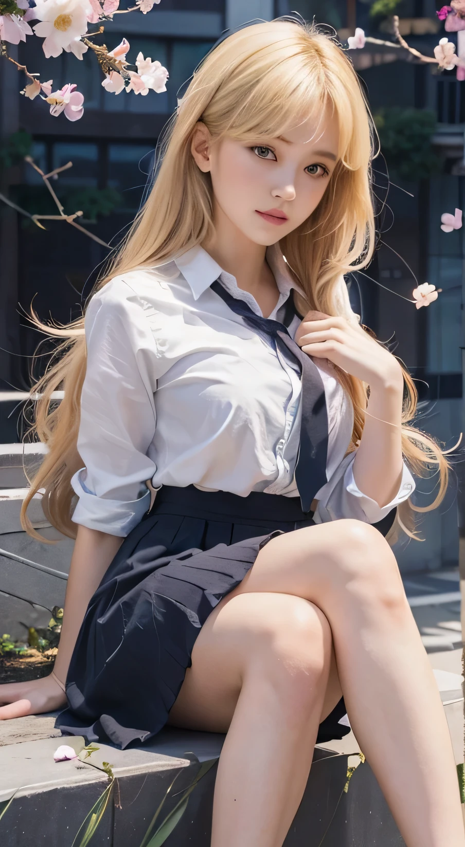 ((top-quality、masterpiece:1.3))、((Russian beauties))、1 female、14years、large full breasts:1.1、Slender body type:1.6、Toned abs、((Blonde semi-long hair))、((Japan schoolgirl uniform:1.5))、Super Detailed Face、Detailed lips、detailedeyes、二重まぶた、Plump smile、blue-sky、clouds、Looking to the right、blue eyess、wide Shots、(((dynamicposes)))、(camel's toe)、(half)、(panthyhose)、(Sitting on legs bending the knees))