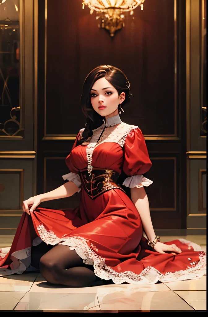 closeup, (hyper-realistic digital illustration), hires, best quality, In a lavish drawing room, a young Victorian girl twirls in her satin and lace party dress, the bell-shaped skirt flowing around her as she laughs.