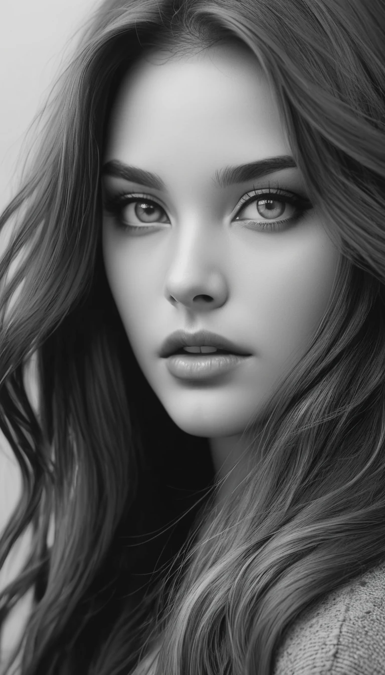 a black and white photo of a woman with long hair, black and white artwork, charcoal art, beautiful artwork, black and white drawing, by Grzegorzki, stunning artwork, gorgeous face portrait, expressive beautiful portrait, pencil painting, by Shen Zhou, beautiful and realistic faces, black and white graphite drawing, artistic drawing.