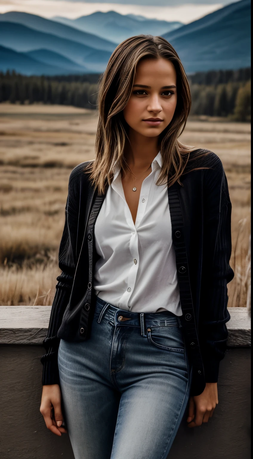 Foto hiperrealista en primer plano de Alicia Vikander, masterpiece, best quality, (photorealistic:1.4), full body, (wearing black black black buttoned up red cardigan over white shirt:1.2), (jeans:1.2), on the ranch, grey day, Montana mountains in the background, cinematic light, beautiful woman, skinny, medium breasts, dark blond pony-tail hair, detailed face, smile, facing the camera, photo taken from a distance, age of 20 years old, relaxed pose, realistic, intricate details, warm colors,