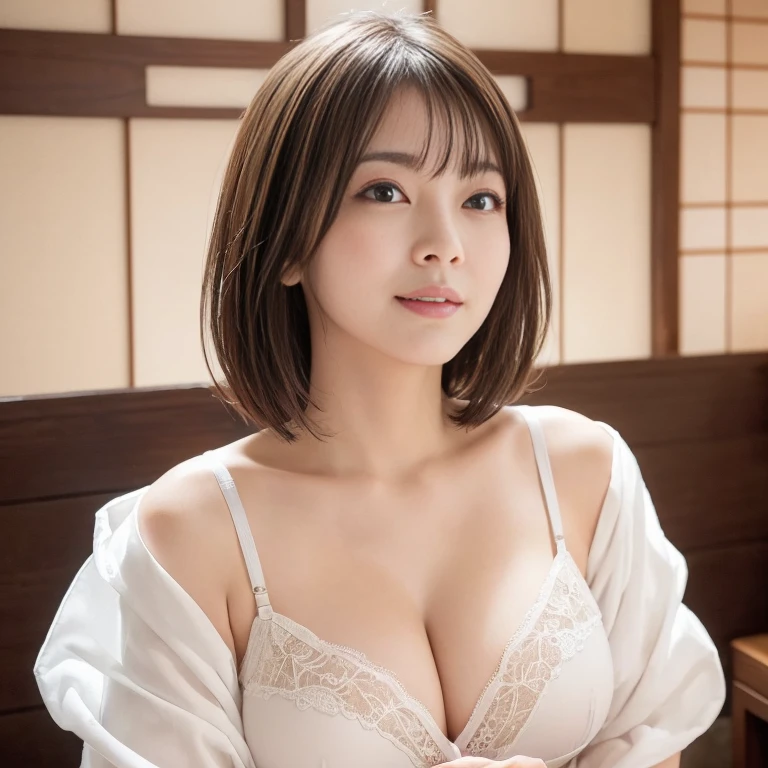 (big breasts:1.2)、(四つん這い:1.5)、(お尻を突き出したポーズ)、(RAW Photos), (Realistic), (masterpiece), (highest quality), High resolution, 8K resolution, (Intricate details), (Volumetric Light), Portraiture, two woman, short hair, Straight hair, Layered Hair, Brown haired, Highly detailed eyes, Source order, Very thin eyebrows, Highly detailed skin, Highly detailed mouth, Highly detailed nose, Cute like an idol, smile, ((Thick lips)), ((Look at the viewers)), (Elegant colorful blouse)、Cleavage、Cleavage、The color of the clothes is up to you、The color of her underwear is see-through、(nsfw:1.2)、(Looking up:1.2)、(Begging pose:1.5)、(Japanese style hot spring hotel:1.5)、Taking a bath、