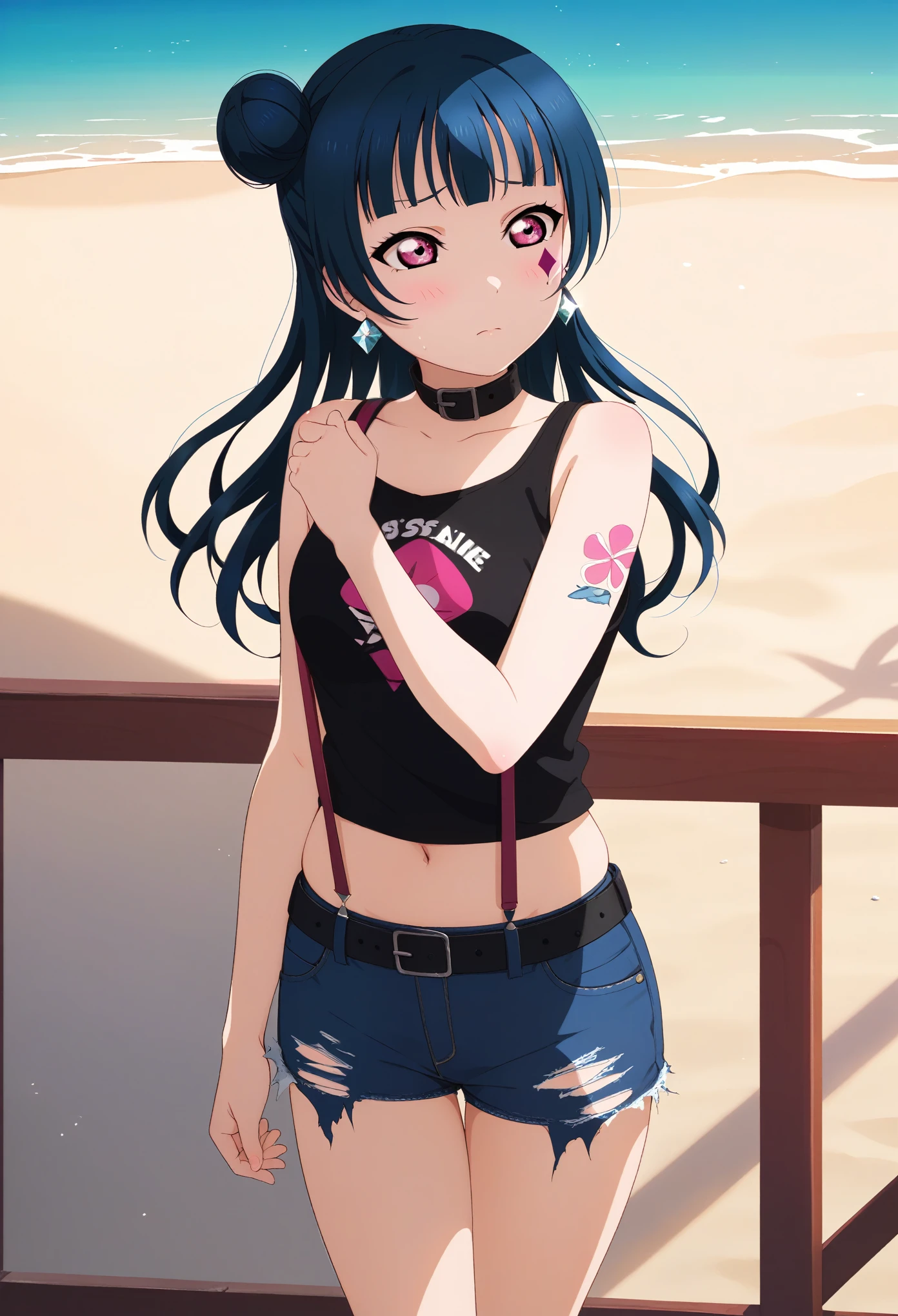 masterpiece, best quality, anime art, front light, solo, yoshiko tsushima, long hair, bangs, blue hair, (pink eyes:1.3), hair bun, single hair bun, single side bun,front view,bare shoulders ,black belt ,black choker ,black collar ,black shirt ,denim shorts ,diamond earrings ,facial mark ,suspenders , undershirt,tank top ,tattoo ,torn clothes, love live ,standing,beach, blushing , navel ,shy, skindentation