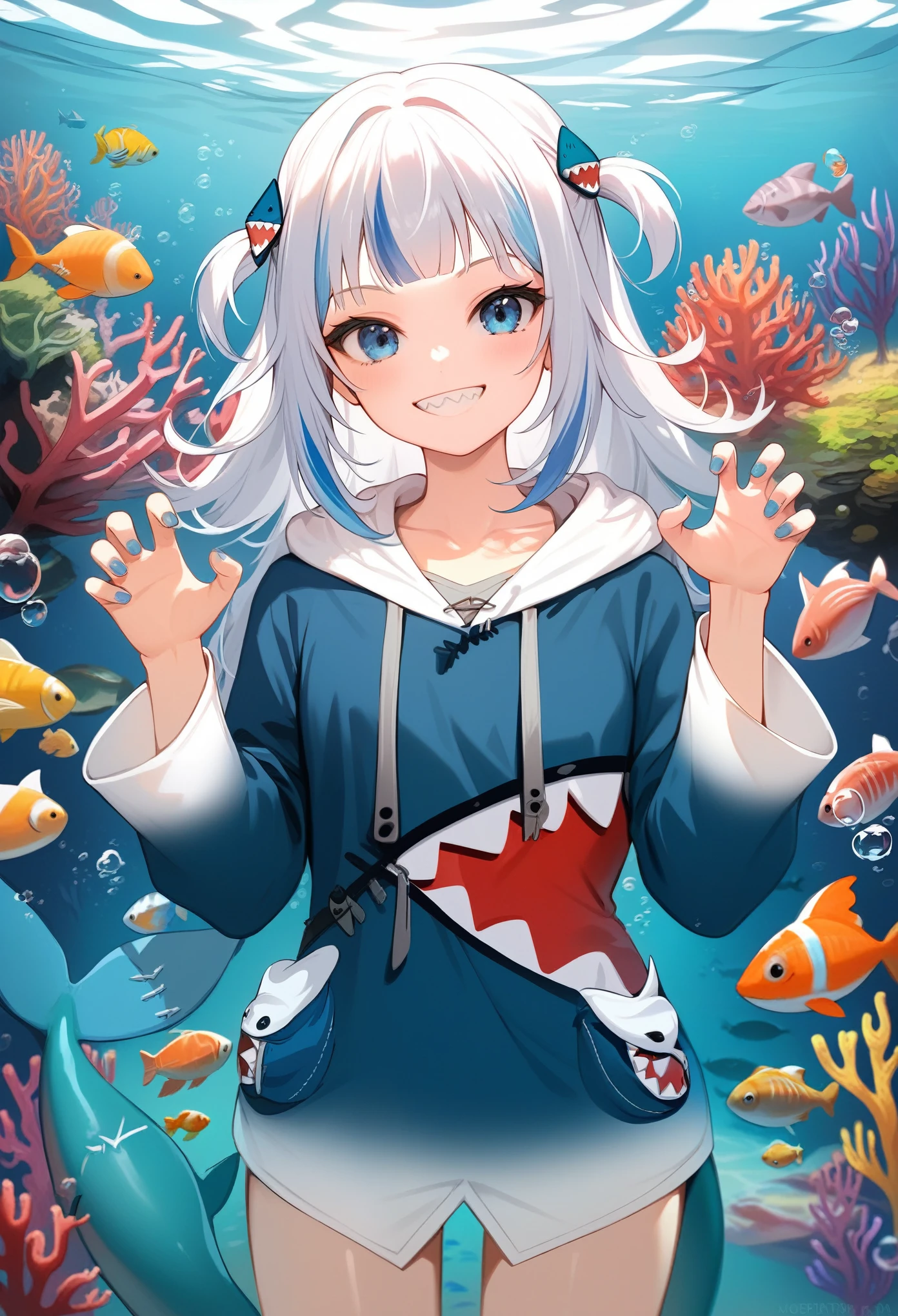 score_9, score_8_up, score_7_up,source_anime, high res image,masterpiece,best quality,girl,cute face,clear skin,shiny hair,ultra detailed eyes,1girl, virtual youtuber, tail, fish tail, blue eyes, teeth, fish, multicolored hair, claw pose, shark tail, hood, solo, smile, fins, blue hair, looking at viewer, blue nails, hair ornament, underwater, sharp teeth, blue hoodie, streaked hair, clownfish, shark girl, hoodie, bubble, long sleeves, grey hair, two side up, shark hair ornament, grin, air bubble, nail polish, medium hair, tropical fish, blunt bangs, cowboy shot, coral, collarbone, drawstring, hands up, hood down