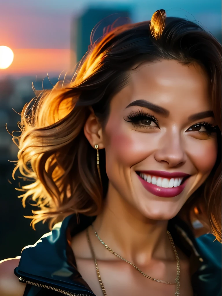 1 punk girl, fisheye, selfie, wind, messy hair, sunset, cityscape, (aesthetics and atmosphere:1.2),smiling. Nikon, masterpiece, super detail, award winning, 16k, textured skin, highly detailed skin, realistic skin details, beautiful sexy face, visible pores, sharp focus, volumetric fog, 8k uhd, DSLR, high quality, film grain, photo realism