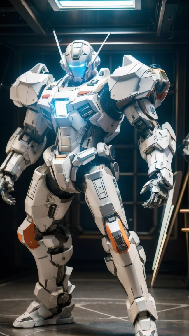 Full-body image of a white iron man,((Giant robot)), Full metal armor, Realistic, photoRealistic, High quality, 8k, Very detailed, Masterpiece, Dynamic poses, Amazing light, Laser light, Jet plane, Sci-fi, Of the future, Bright colors, Wear a high-tech full-face helmet covering your face., Digital HUD. Space Station