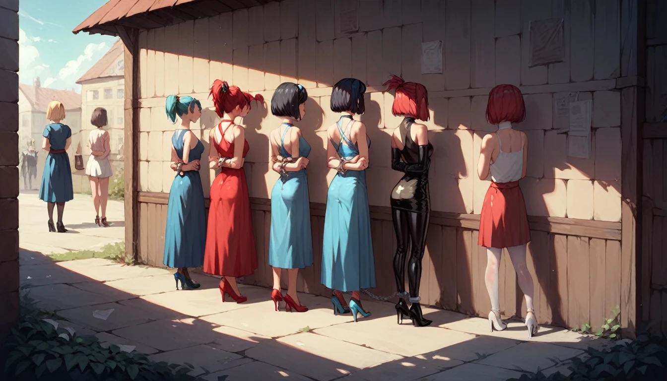  4girls, 31 yo, prostitute, stand in a row against the wall facing the wall, look at the wall, handcuffed,  in handcuffs behind their backs, arms behind back, bound arms, dressed in different colour (red, blue, teal, grey) sexy latex dresses and transparent pantyhose and high heels, different hairstyles (ponytail, updo, twin tails, bob cut), chained to the wall