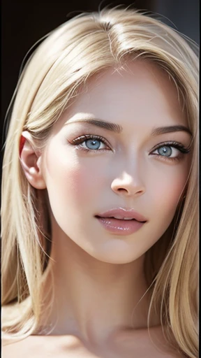 blue eyes, Blonde hair, Large Breasts, 4K resolution, High quality CG, Beautiful CG, Soft Light, realistic, photo-realistic:1.37),(8k, RAW photo, best quality, masterpiece:1.2), cute, ultra-detailed,physically-based rendering, ultra high res, sharp focus, looking at viewer,photorealistic,realistic, solo, photorealistic, best quality, extremely detailed face,extremely detailed eyes and face, beautiful detailed eyes,absurdres, incredibly absurdres,haunting smile, natural breasts, soft areolas, Puffy areolas, puffy nipples, detailed areolas, plunk areolas, detailed nipples, full body, sexy shot, smooth body, sexy body, huge stunning goddess shot