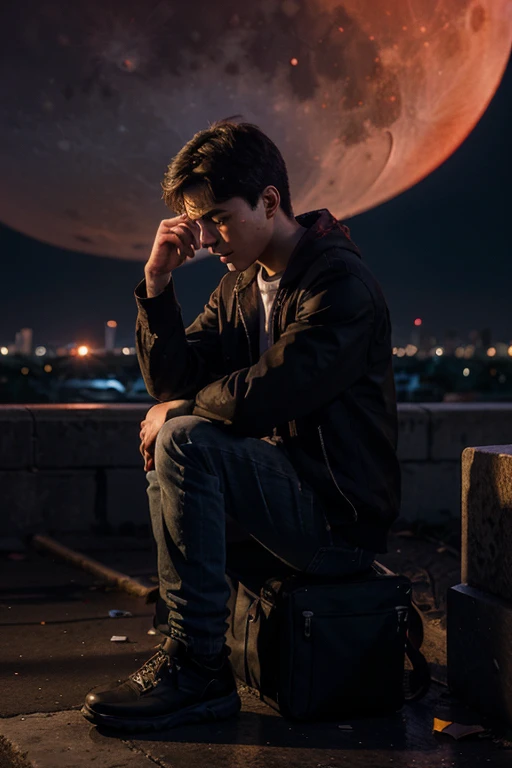 Create an anime-style album cover for the song 'Sad Boy'. The image should show a lonely young boy sitting on a park bench at night, with light rain falling and a cloudy sky. The character's expression should be sad and pensive. In the background, add a shooting star to symbolize hope. Use a dark color palette with shades of blue and grey. Include the song title 'Sad Boy' and the name of the artist."