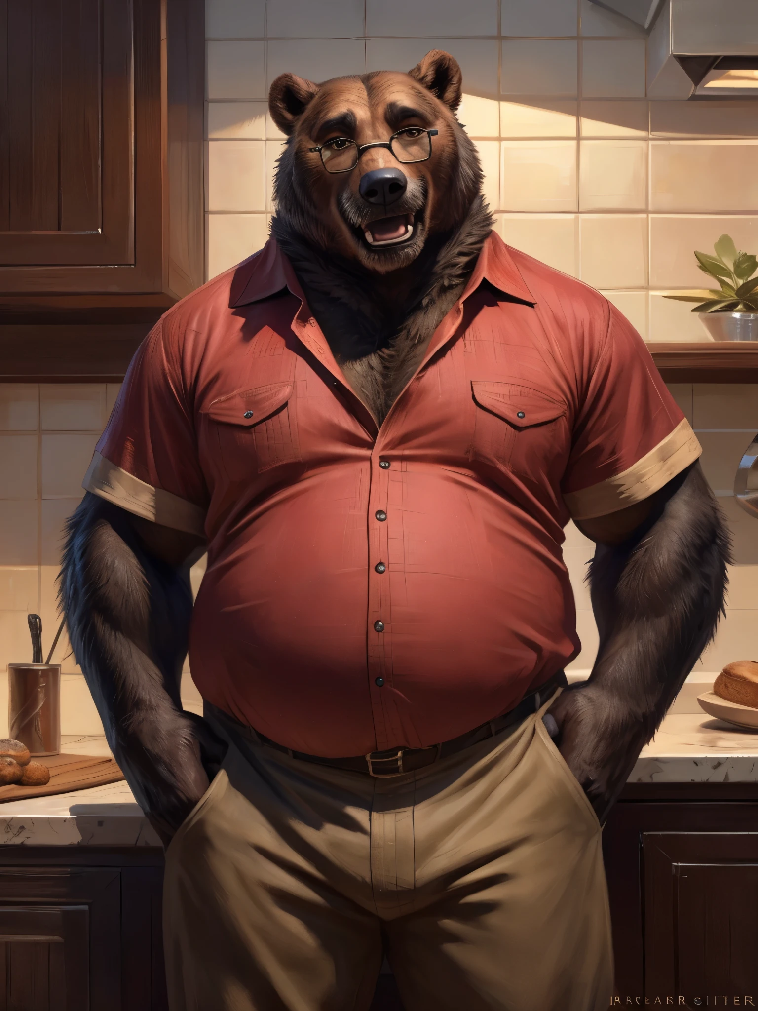 morbid obesity, Huge, giant, very fat, very obese, gordo, huge belly, panza Huge oso hombre de mediana edad, oso brown anthropometrist, thin beard, flirting  , pecho Huge, dynamic light, open shirt, Thick shirt ,gray hair and beard ,holding his belly, extremely hot and sexy, dad figure, in a bed surrounded by a lot of food,weight gain,  eating, tight clothes, huge pecs ,Hot Dad, boss, by darkgem, por zixiong, by Glitter Trap Boy