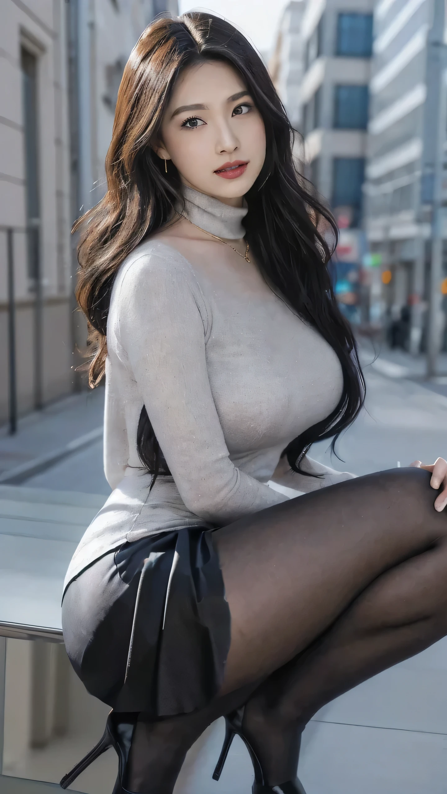 (Extremely detailed Cg Unity 8K wallpaper), (Masterpiece), (Best quality), (Ultra-detailed), (Best Illustration), (Best shadow), (Photorealistic:1.6), Real human skin, Lens flare, Shade, back lit lighting, full bloom, Depth of field, Natural lighting, hardfocus, filmgrain, Look at the viewer, Asian, Kpop idol:1.2, mix4, 1 girl, 21 I, Solo, Skinny, Pale skin, Soft lips, (light eyebrows:1.4),Shiny brown eyes, Black straight hair, Large breasts, Beautiful detailed sky, street(crowd:1.2), Night, (nose blush),  Beautiful detailed eyes, no clothes are worn，Stockings, Sneakers, cheerfulness, Smile