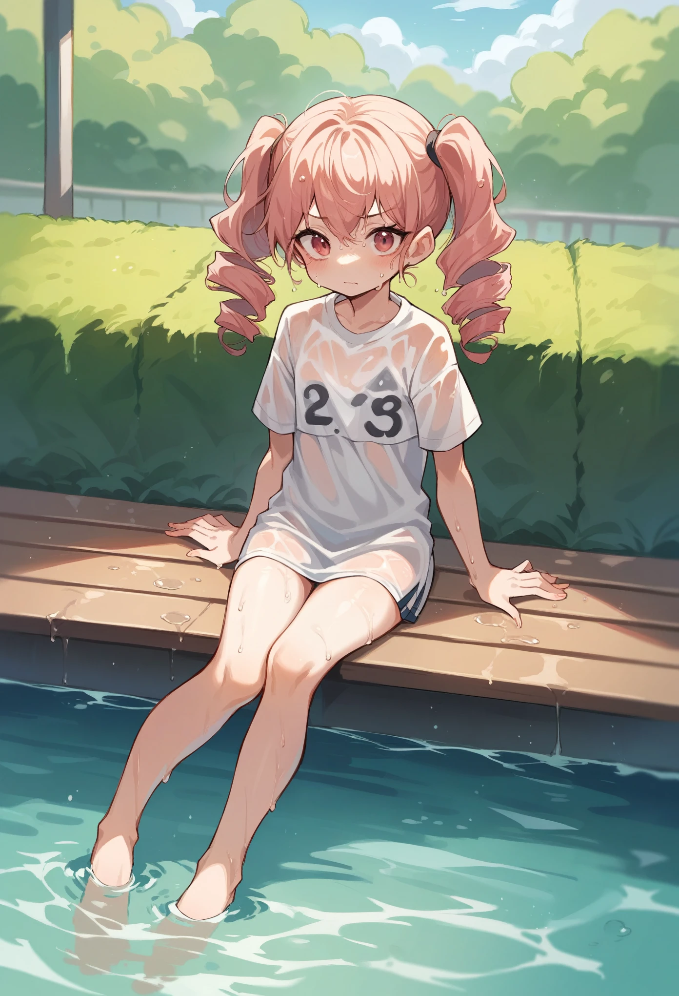  white , super cute face,  red elements, Shiny T-shirt, beautiful light and shadow, ambient light, highly, volume light、sex、naked、Black Shirt、Sex、straddle、Young、Pool、high school student、Swimwear、class、Finland、dramatic、
