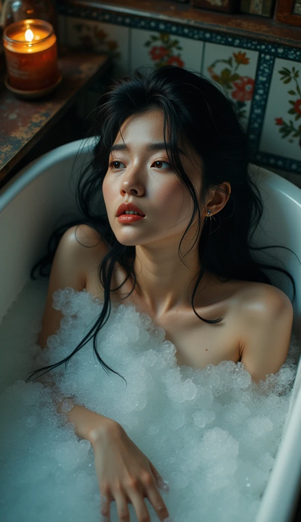 Professional photography, SFW, realistic, Wong Kar-Wai, retro, indoor, shot from top down photo of Asian woman lying in the bathtub, she has long messy black hair, she is bathing, she has pretty makeup, the bathtub full of soap foam, photo has bubbles flying in foreground, SFW censored by soap foam, intricate detailed