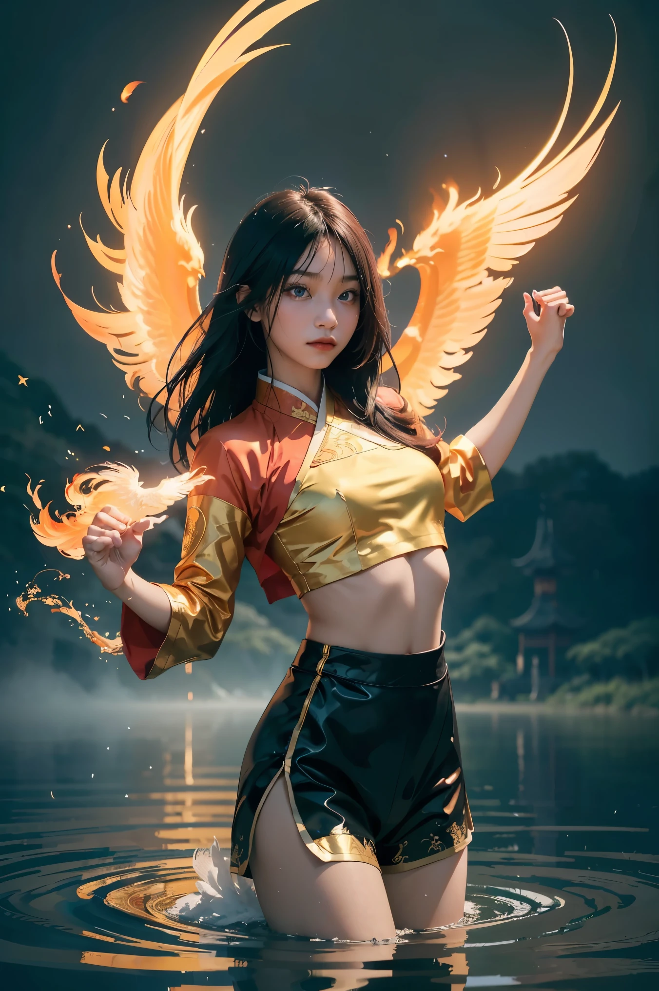 A beautiful Chinese girl standing on the water, a misty reflection, a huge phoenix divine bird in the sky, magic, fantasy, dynamic posture, composed of colorful glowing flames, delicate face, delicate eyes, long black and golden hair, wearing amber and sky blue Hanfu, delicate and intricate patterns, ink painting, golden bronzing, epic composition, soft shadows, Clean sharp focus, cinematography, center composition, poster design, film photography, (((Highest quality, 8k, masterpiece:1.3)), 1girl, ((futuristic Kung Fu Clothing)), Toned Body, black track pants, red kungfu-styled jacket, Looking at the viewer, dynamic pose, model pose, perfect body, perfect hands, fists