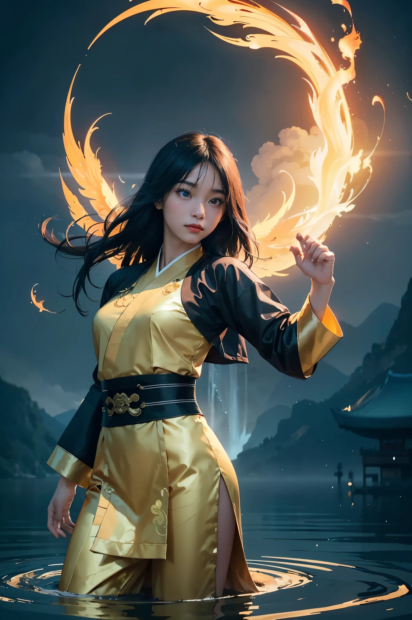 A beautiful Chinese girl standing on the water, a misty reflection, a huge phoenix divine bird in the sky, magic, fantasy, dynamic posture, composed of colorful glowing flames, delicate face, delicate eyes, long black and golden hair, wearing amber and sky blue Hanfu, delicate and intricate patterns, ink painting, golden bronzing, epic composition, soft shadows, Clean sharp focus, cinematography, center composition, poster design, film photography, (((Highest quality, 8k, masterpiece:1.3)), 1girl, ((futuristic Kung Fu Clothing)), Toned Body, black track pants, red kungfu-styled jacket, Looking at the viewer, dynamic pose, model pose, perfect body, perfect hands, fists