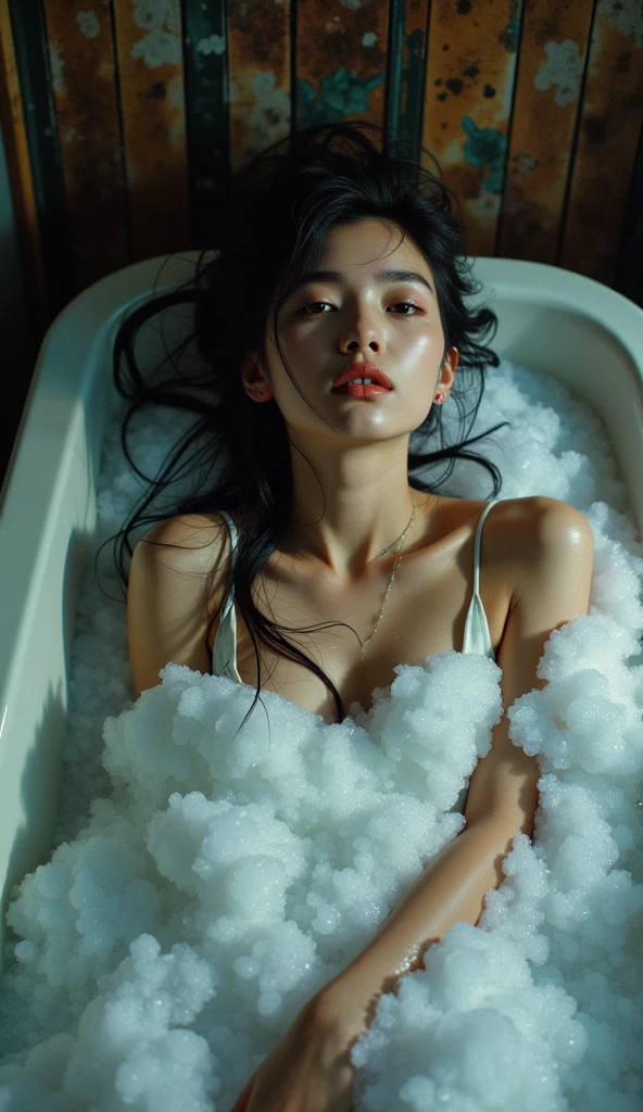 Professional photography, SFW, realistic, Wong Kar-Wai, retro, indoor, shot from top down photo of Asian woman lying in the bathtub, she has long messy black hair, she is bathing, she has pretty makeup, the bathtub full of soap foam, photo has bubbles flying in foreground, SFW censored by soap foam, intricate detailed